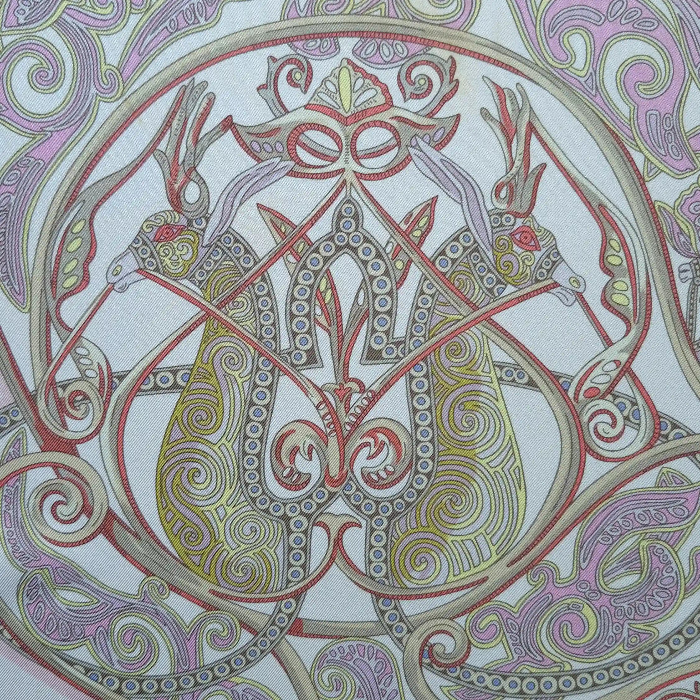 hermes la charmante aux animaux annie faivre silk scarf white pink medieval animals detail