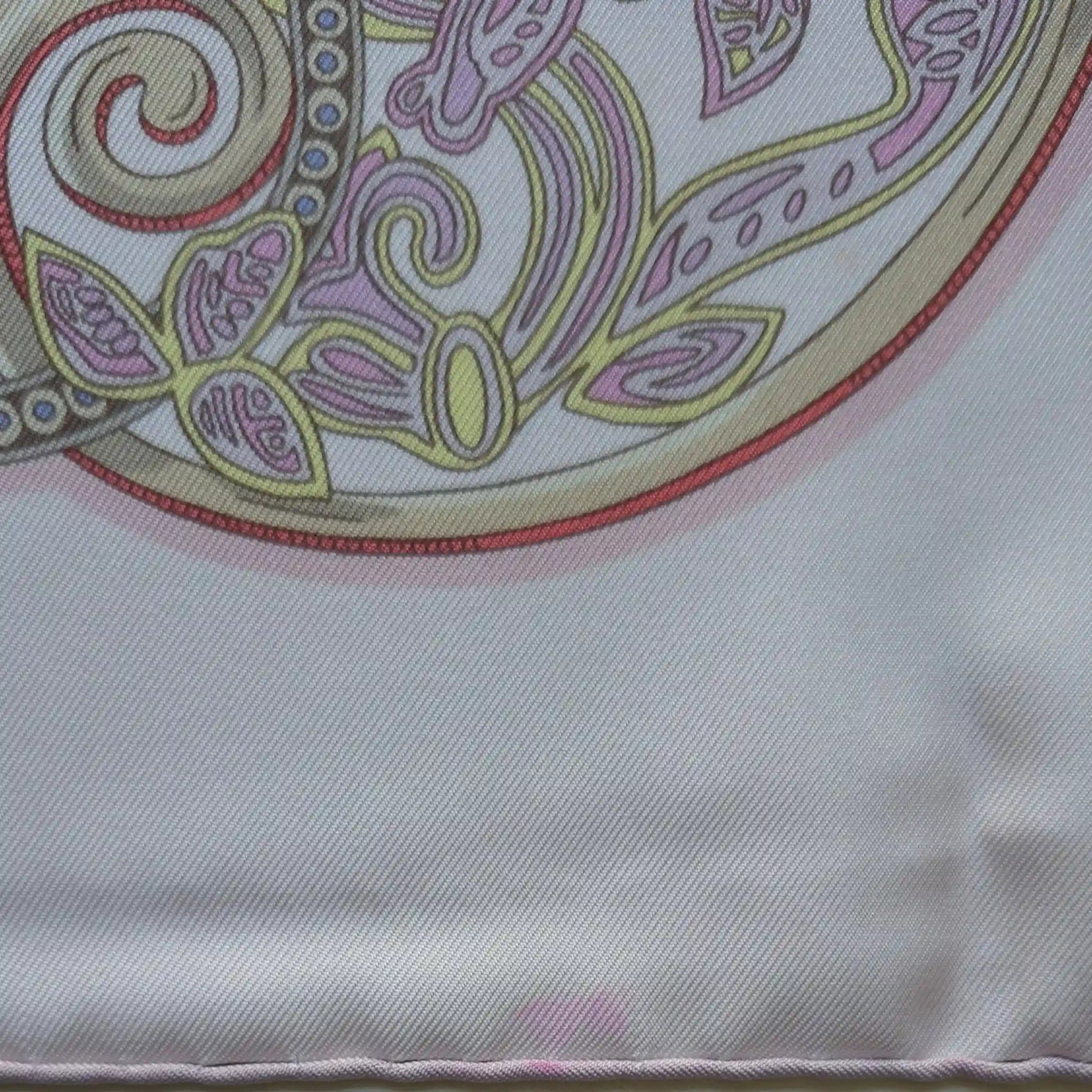 hermes la charmante aux animaux annie faivre silk scarf white pink medieval animals detail