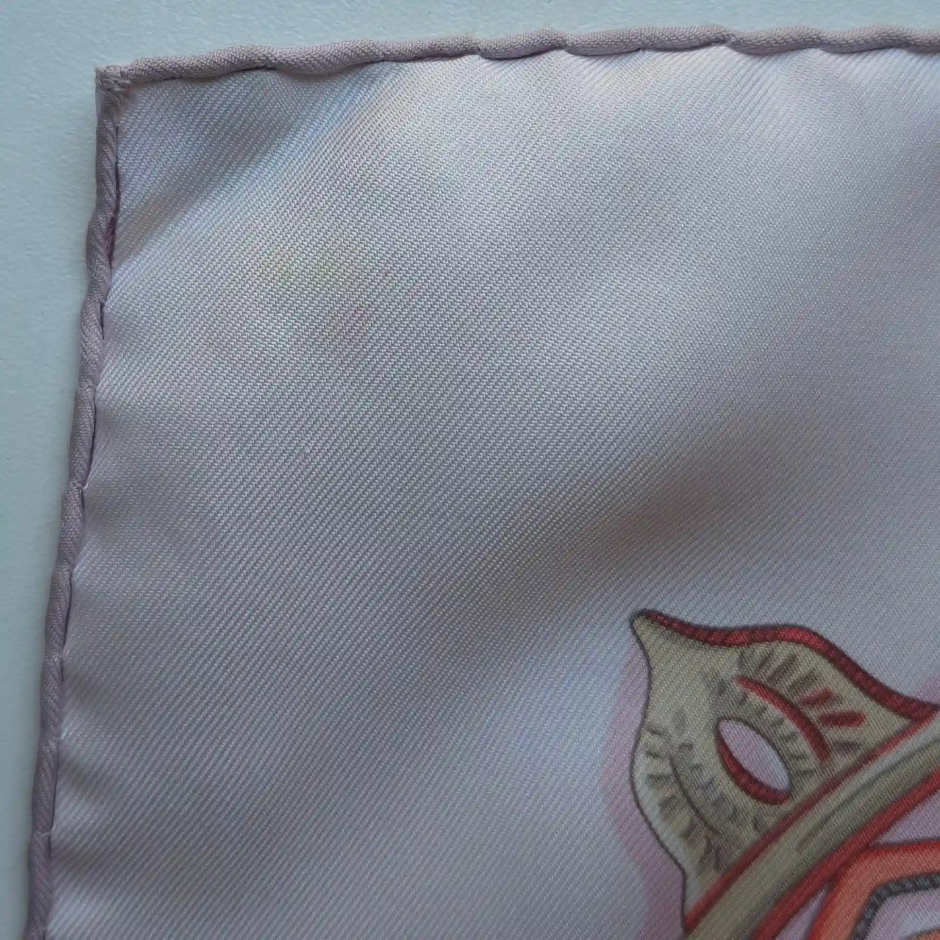 hermes la charmante aux animaux annie faivre silk scarf white pink medieval animals detail