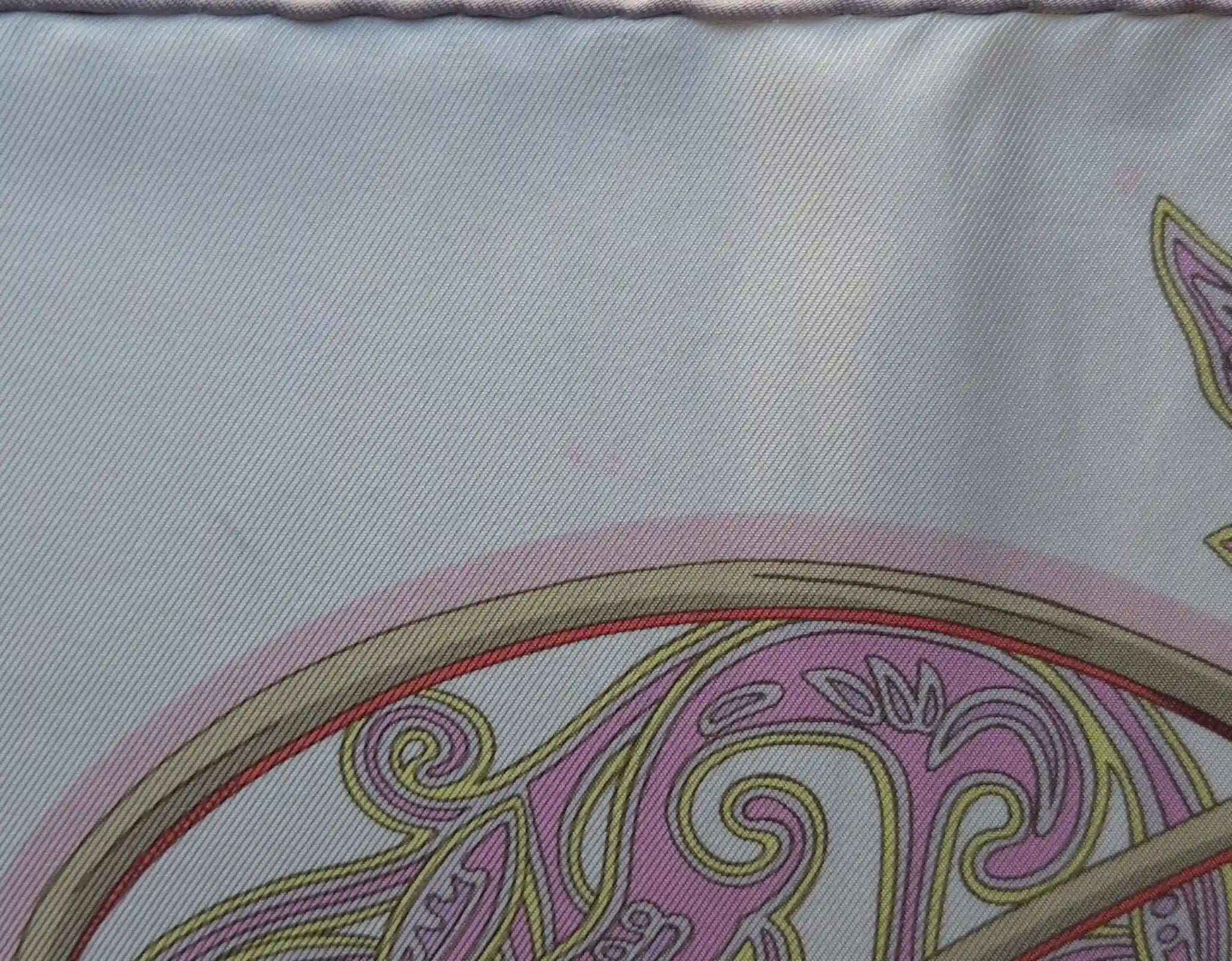 hermes la charmante aux animaux annie faivre silk scarf white pink medieval animals detail