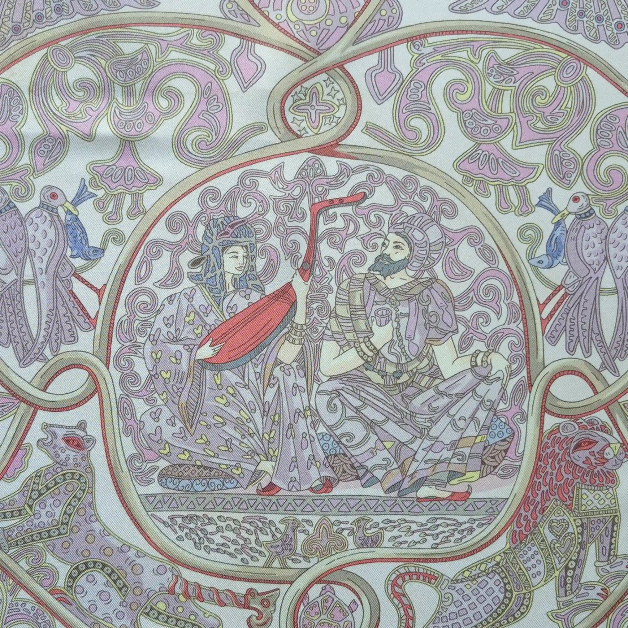 hermes la charmante aux animaux annie faivre silk scarf white pink medieval animals detail