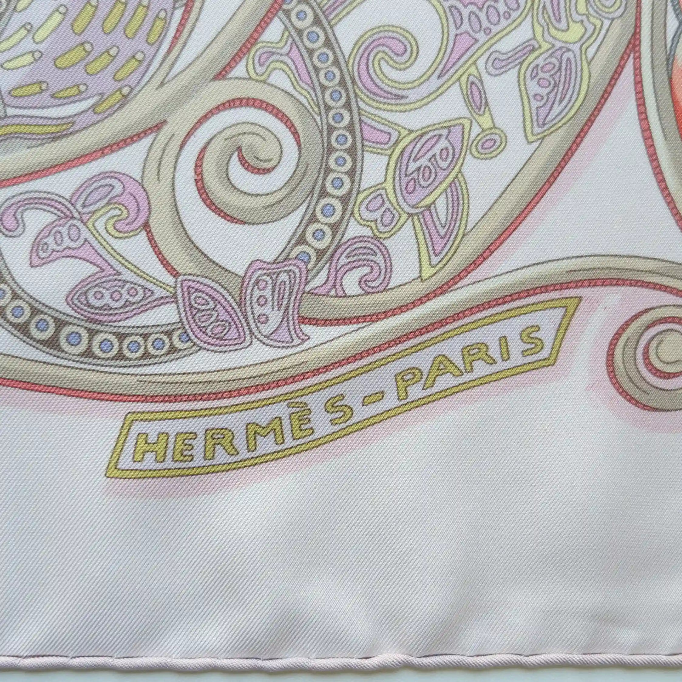 hermes la charmante aux animaux annie faivre silk scarf white pink medieval animals detail
