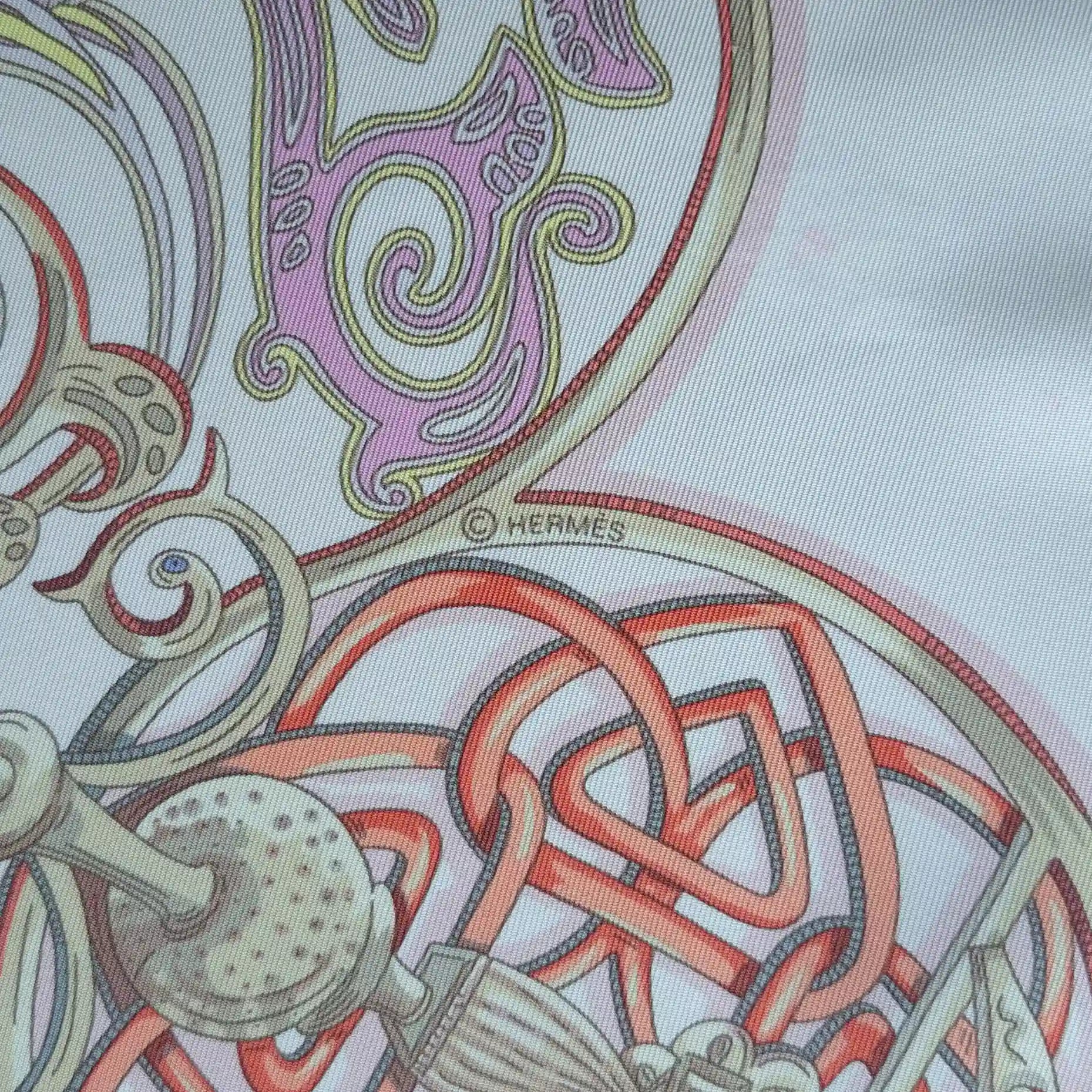 hermes la charmante aux animaux annie faivre silk scarf white pink medieval animals detail
