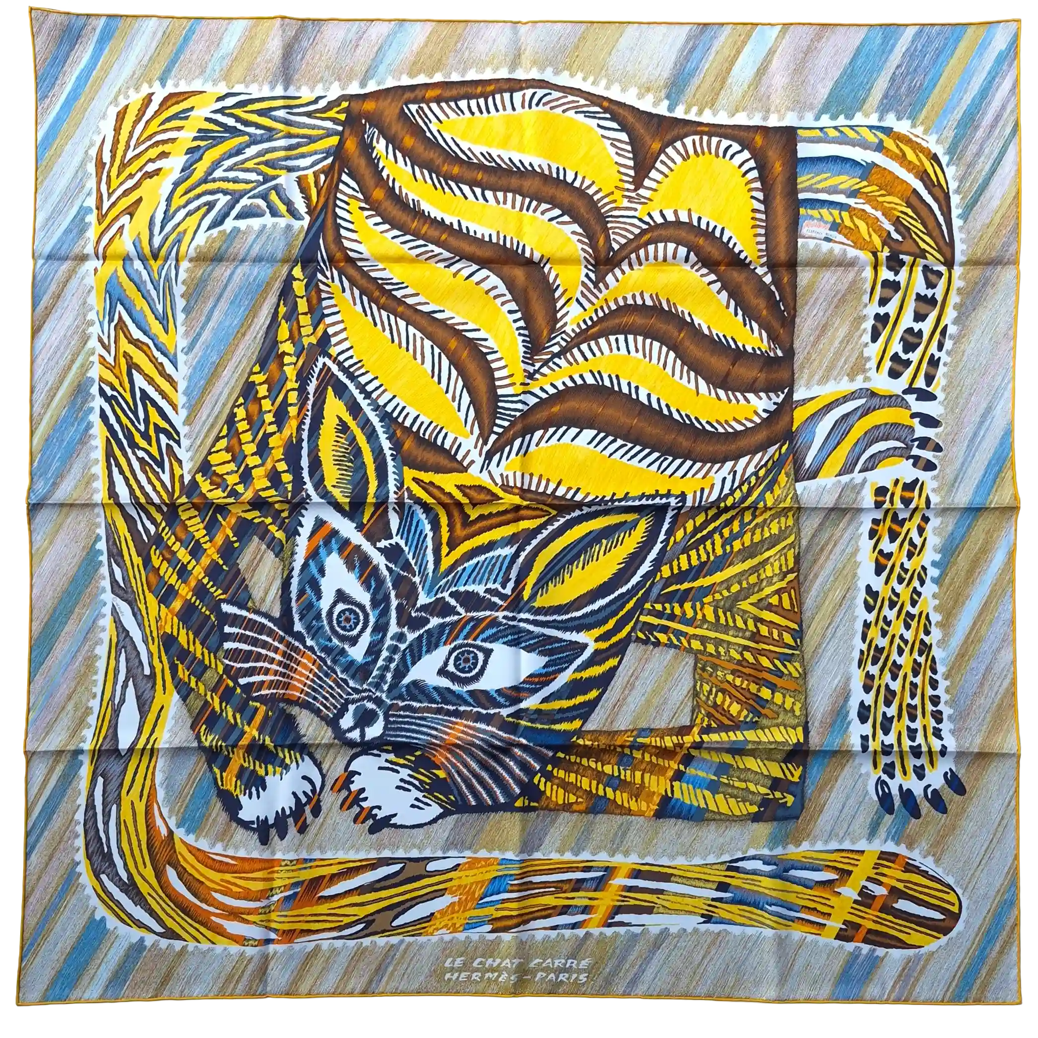 hermes le chat carre florence manlik silk scarf yellow brown tiger cat graphic