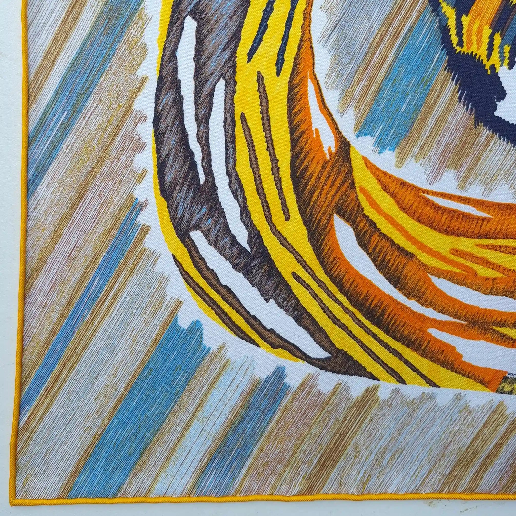 hermes le chat carre florence manlik silk scarf yellow brown tiger cat graphic detail