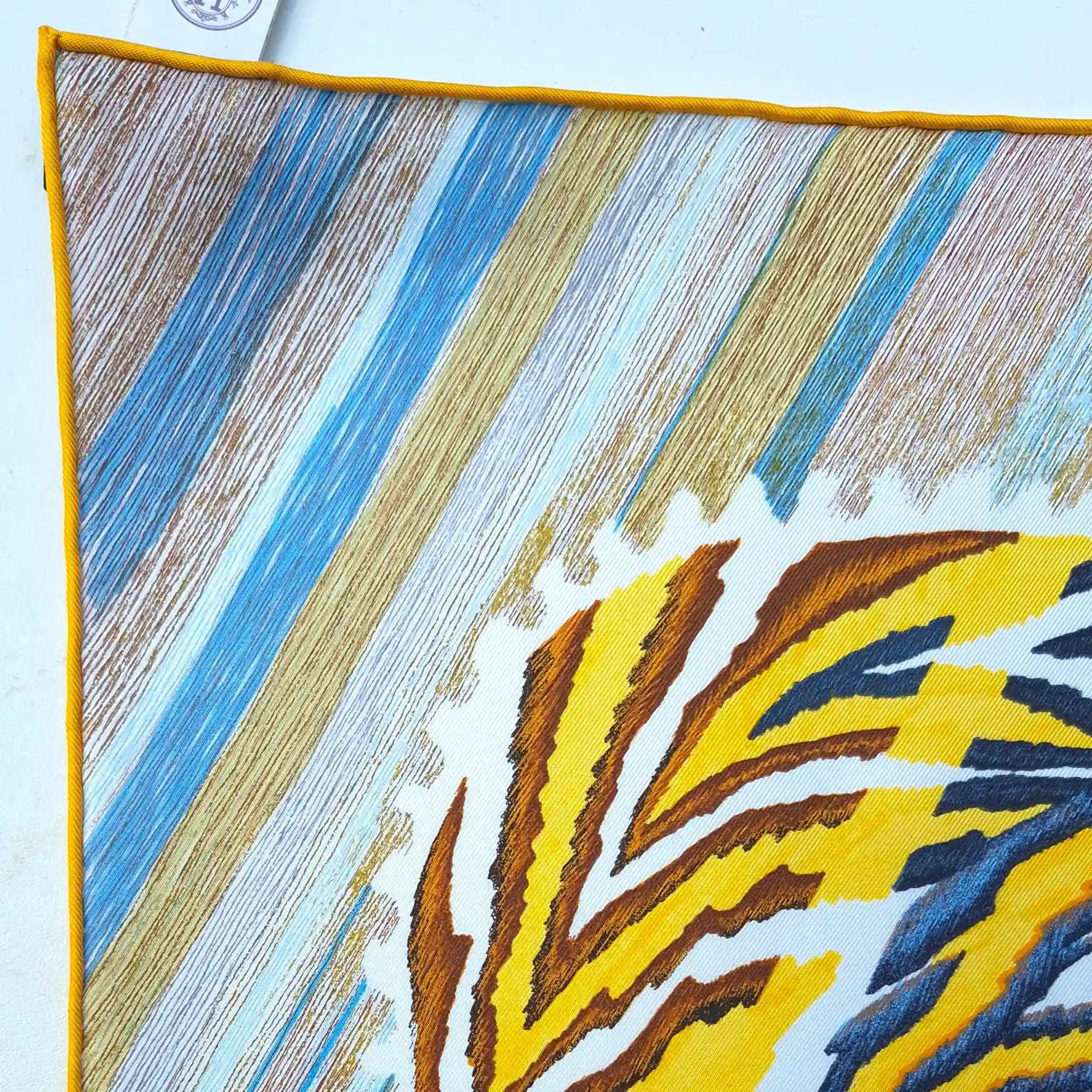 hermes le chat carre florence manlik silk scarf yellow brown tiger cat graphic detail