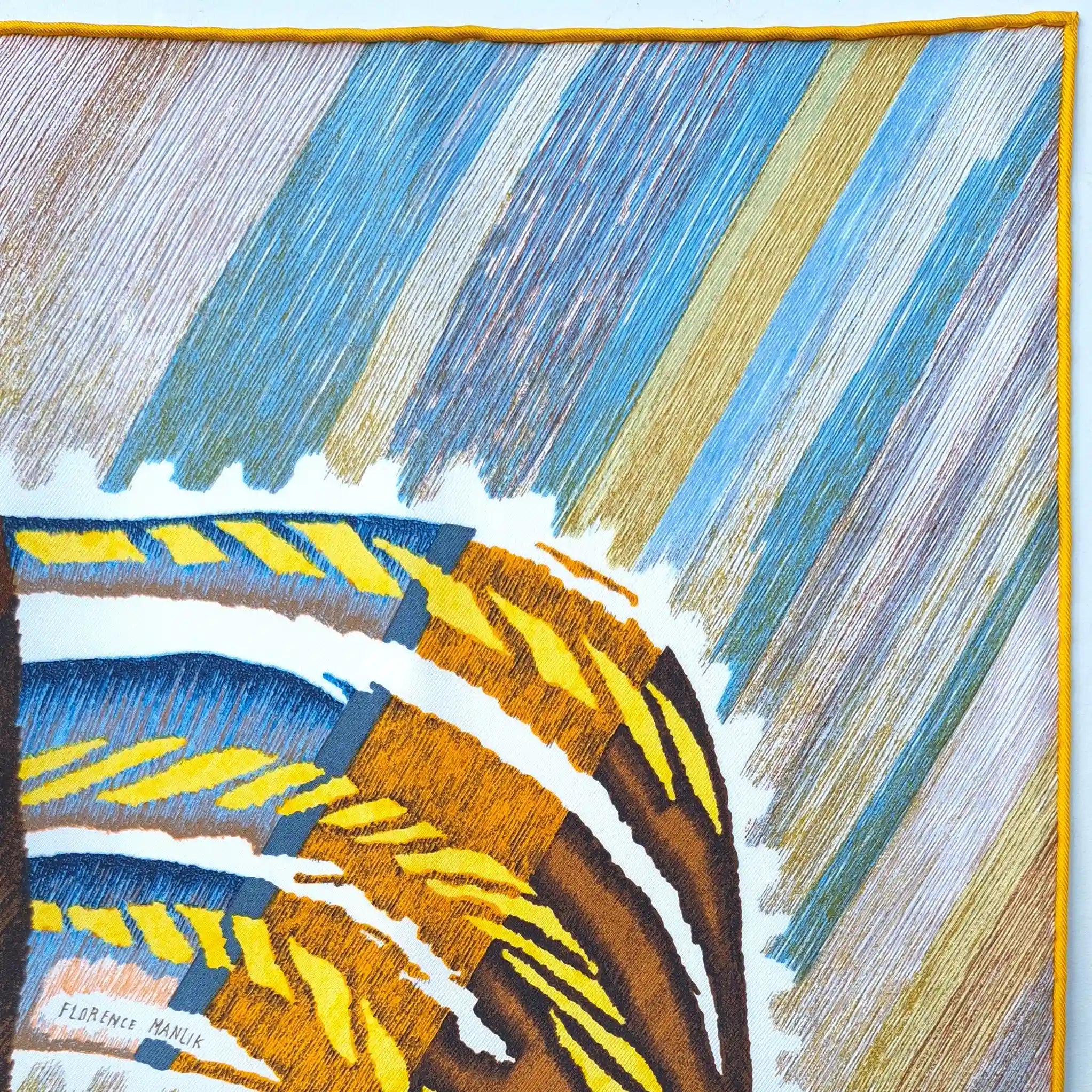 hermes le chat carre florence manlik silk scarf yellow brown tiger cat graphic detail