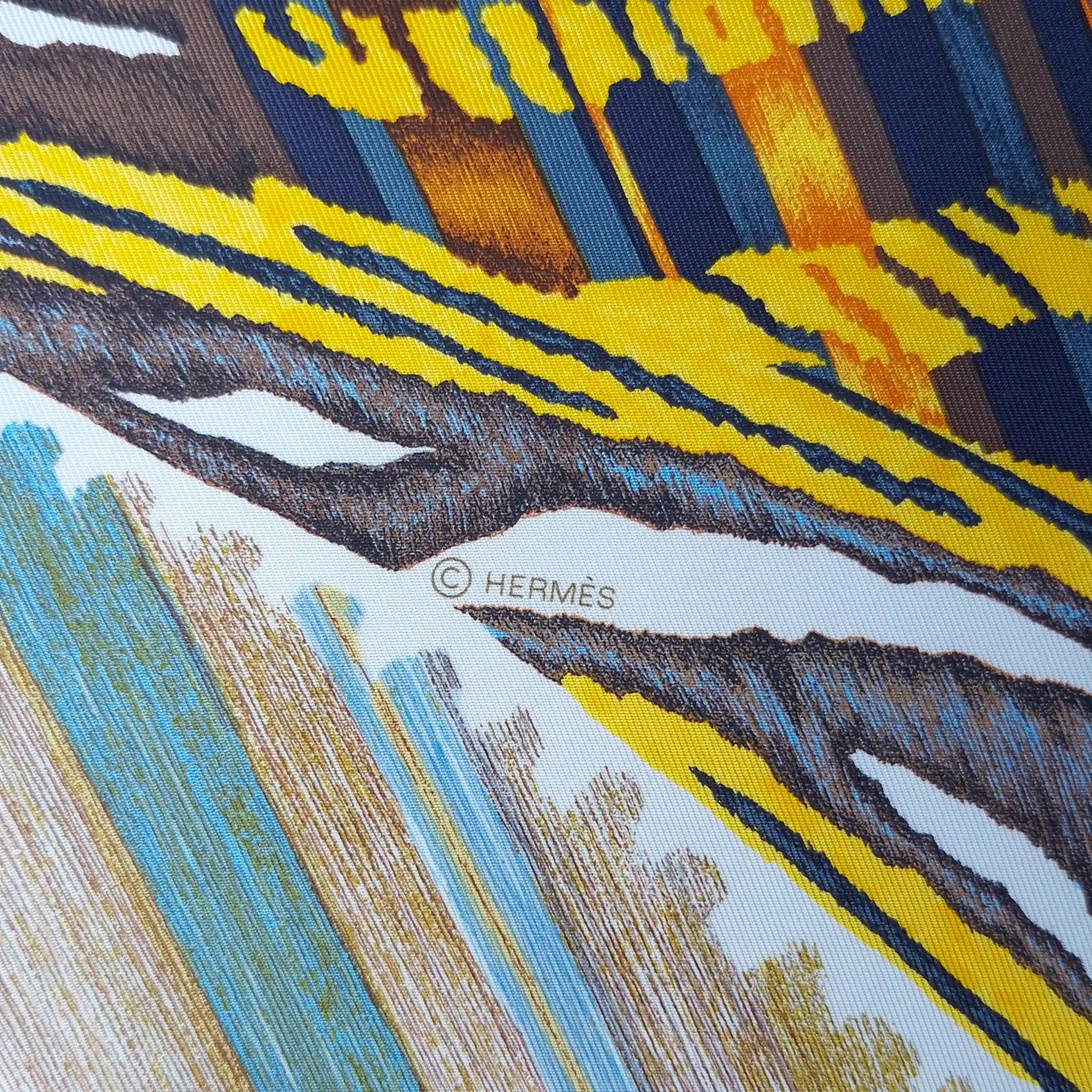 hermes le chat carre florence manlik silk scarf yellow brown tiger cat graphic detail
