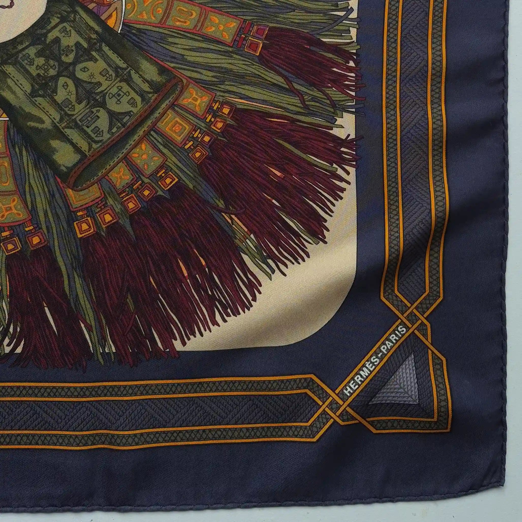 hermes cuirs du desert francoise de la perriere silk scarf beige navy desert leather detail