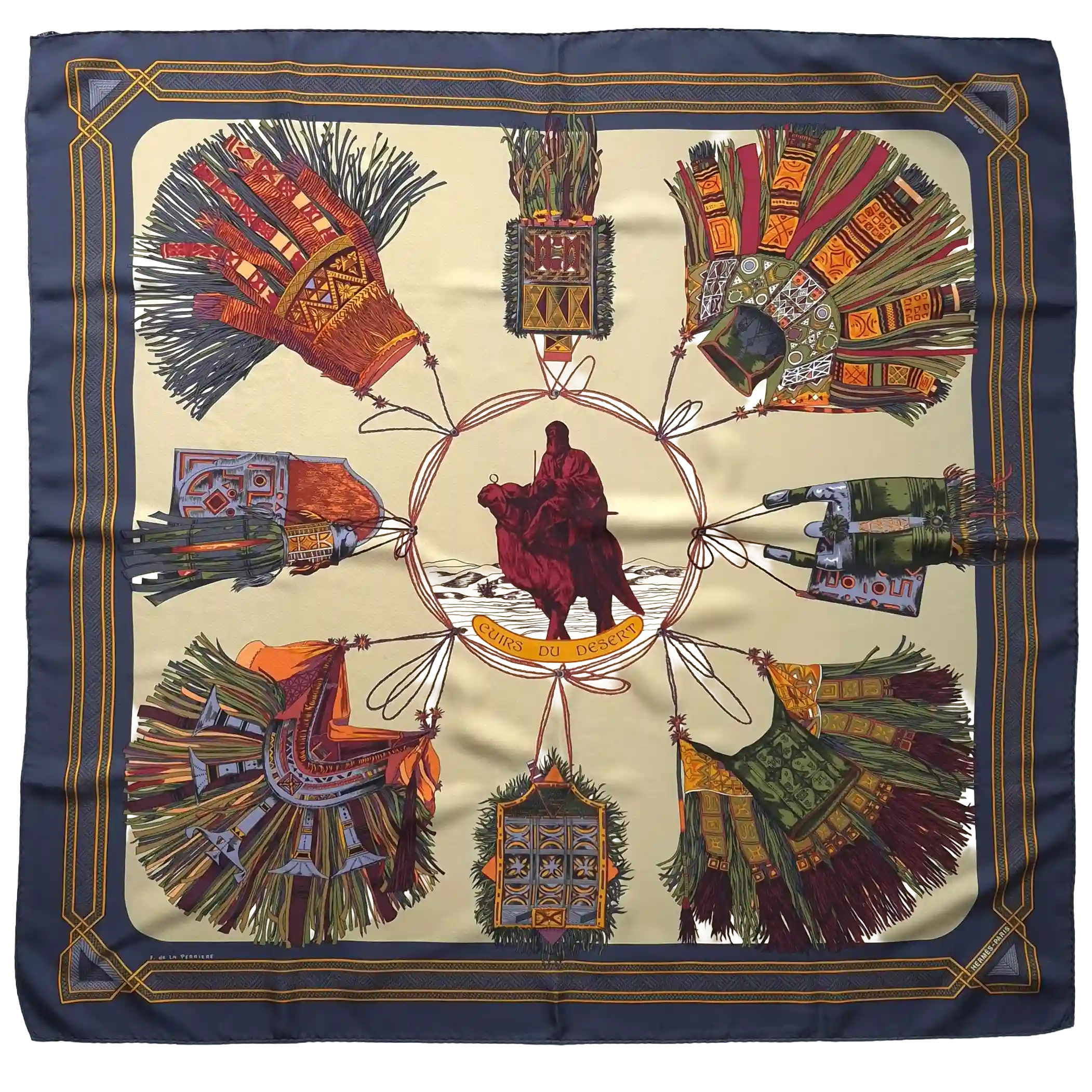hermes cuirs du desert francoise de la perriere silk scarf beige navy desert leather