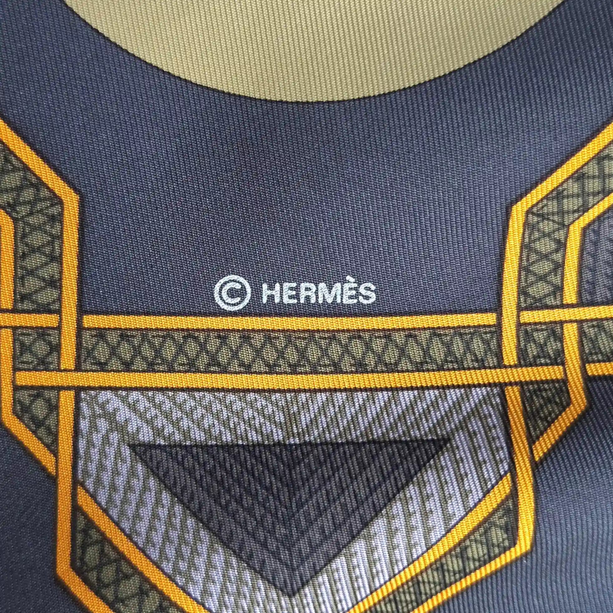 hermes cuirs du desert francoise de la perriere silk scarf beige navy desert leather detail