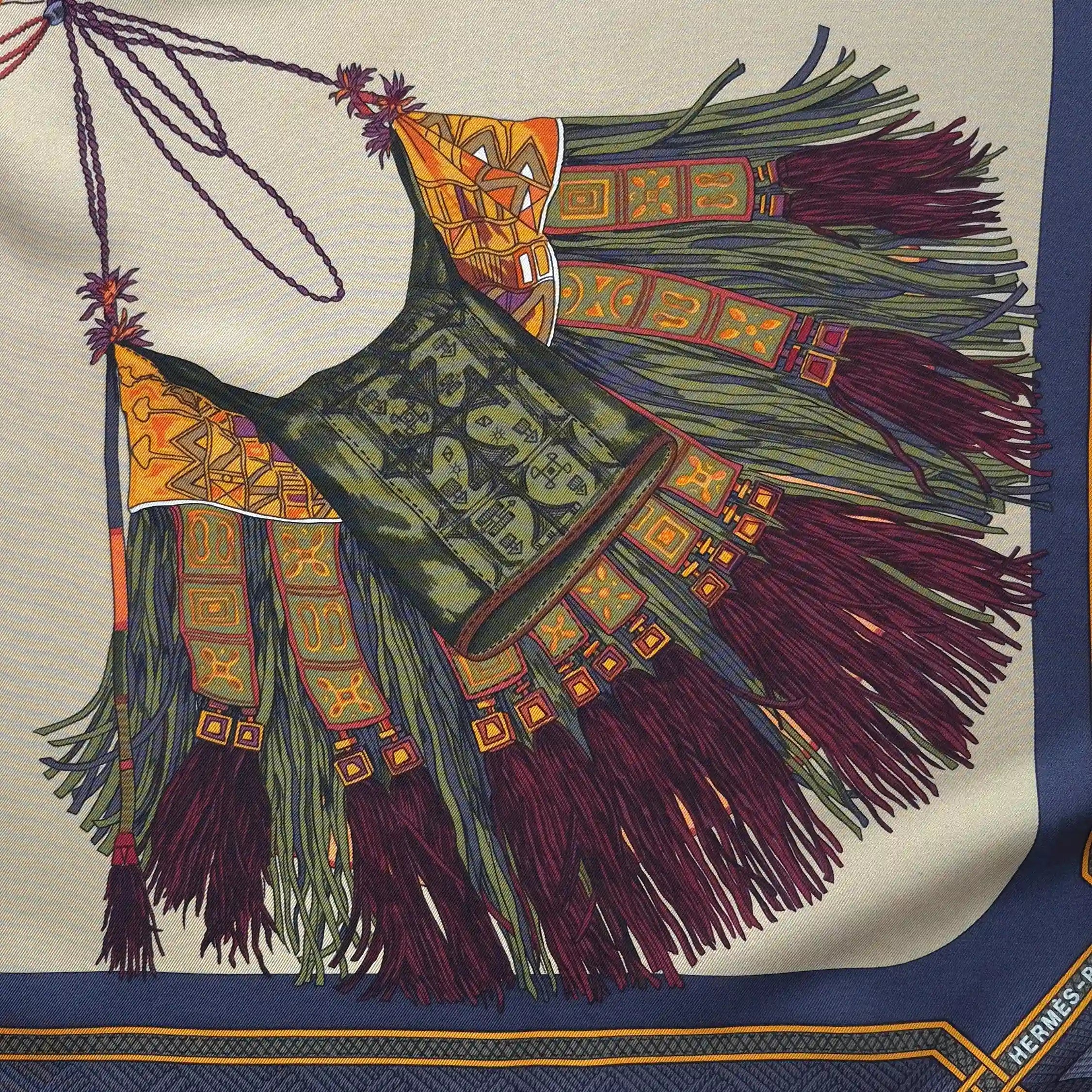 hermes cuirs du desert francoise de la perriere silk scarf beige navy desert leather detail
