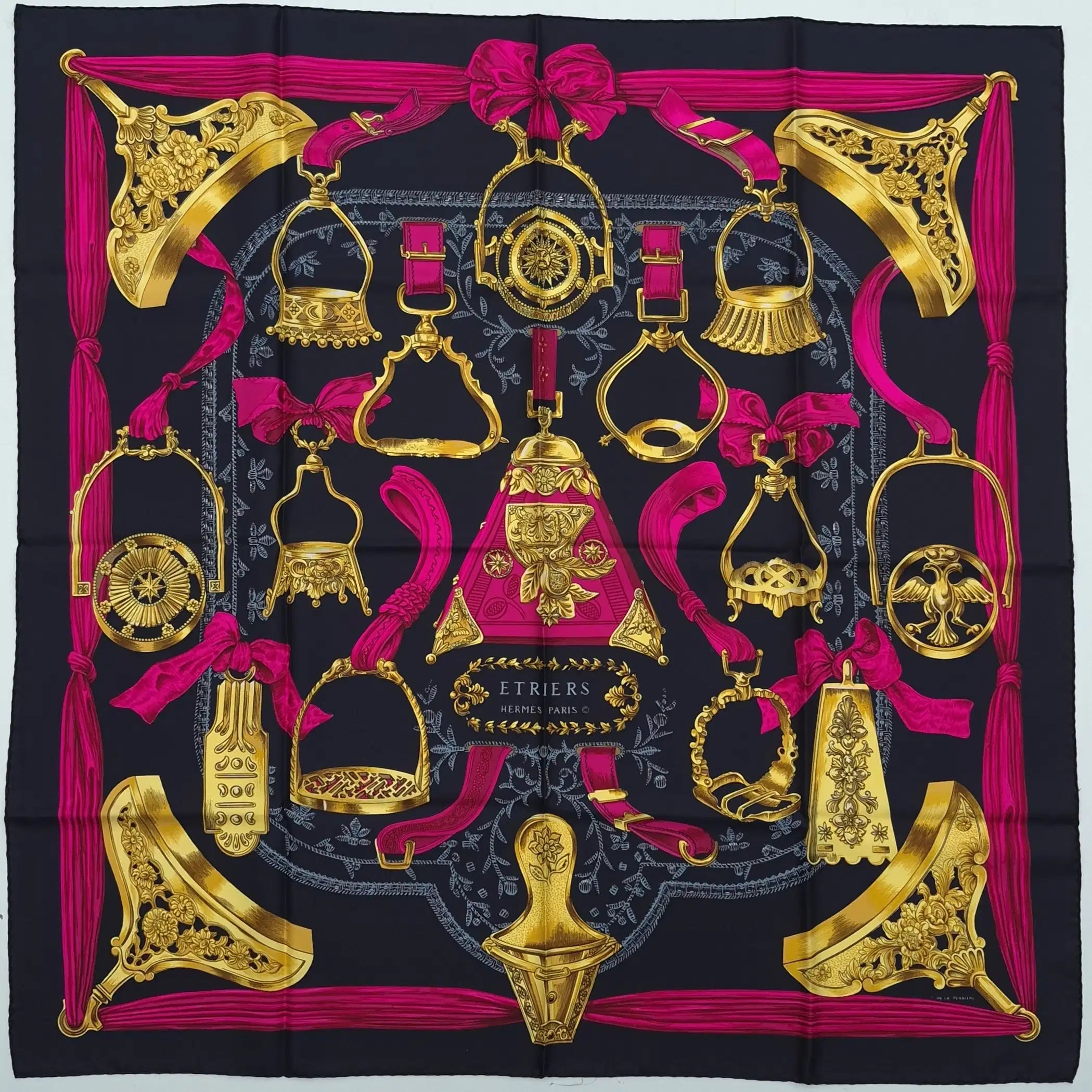 hermes etriers francoise de la perriere silk scarf black pink gold stirrups equestrian