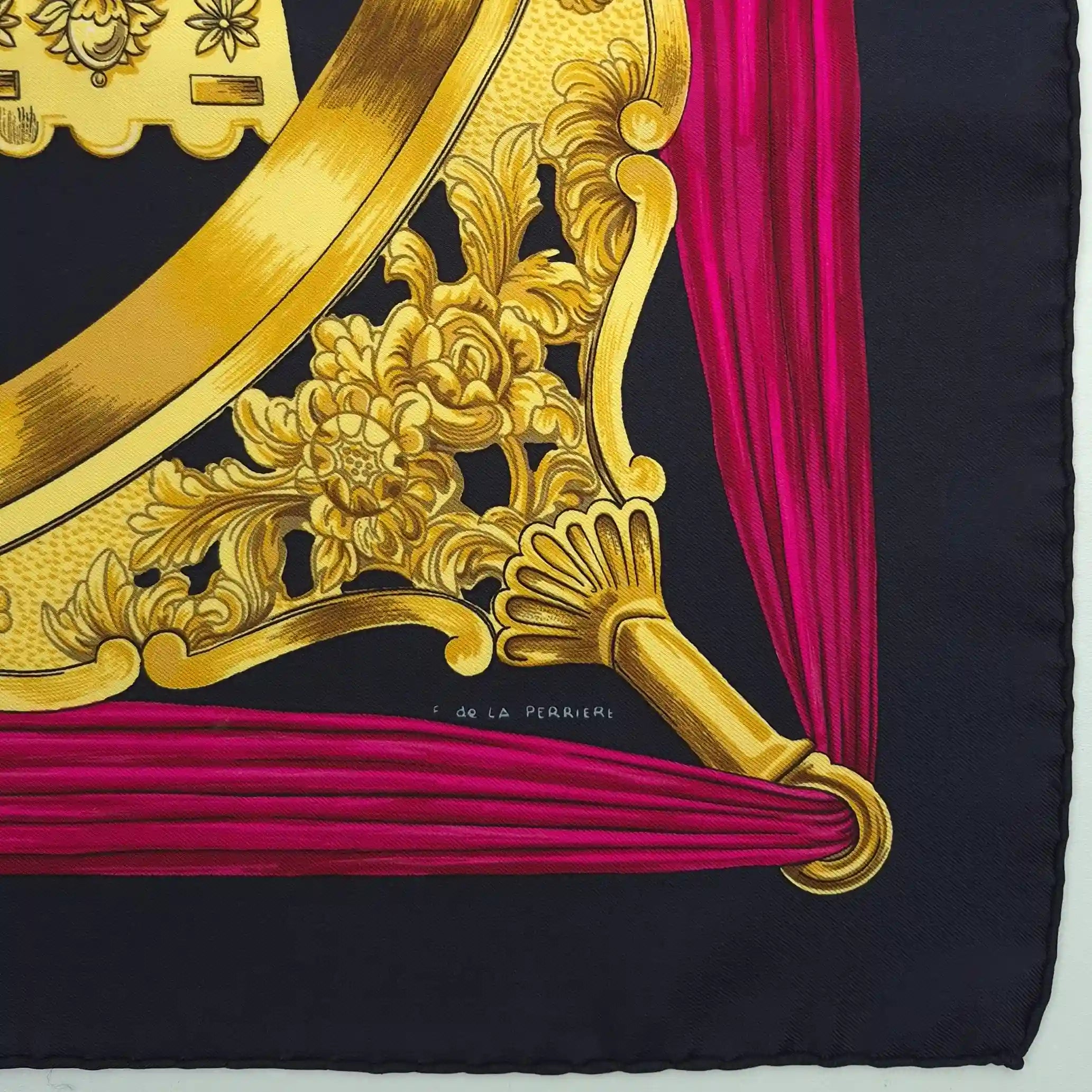 hermes etriers francoise de la perriere silk scarf black pink gold stirrups equestrian