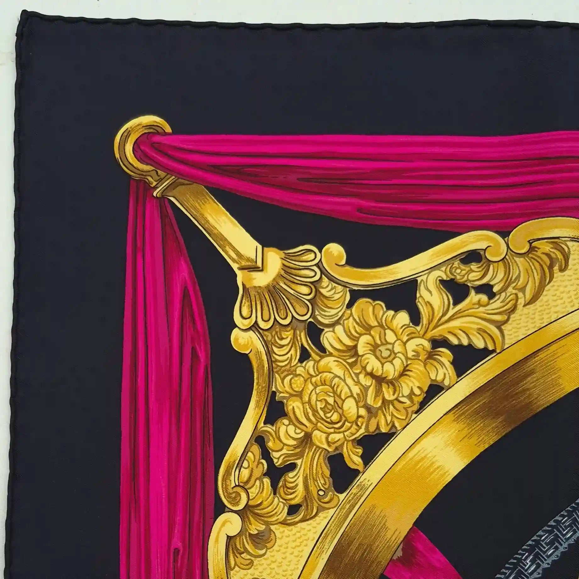 hermes etriers francoise de la perriere silk scarf black pink gold stirrups equestrian