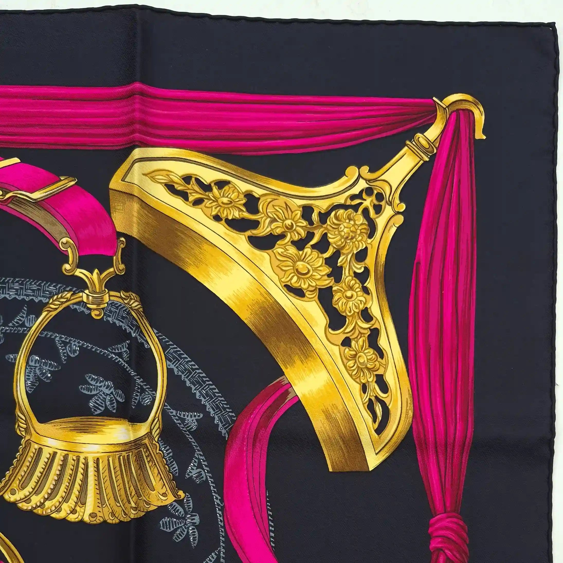 hermes etriers francoise de la perriere silk scarf black pink gold stirrups equestrian