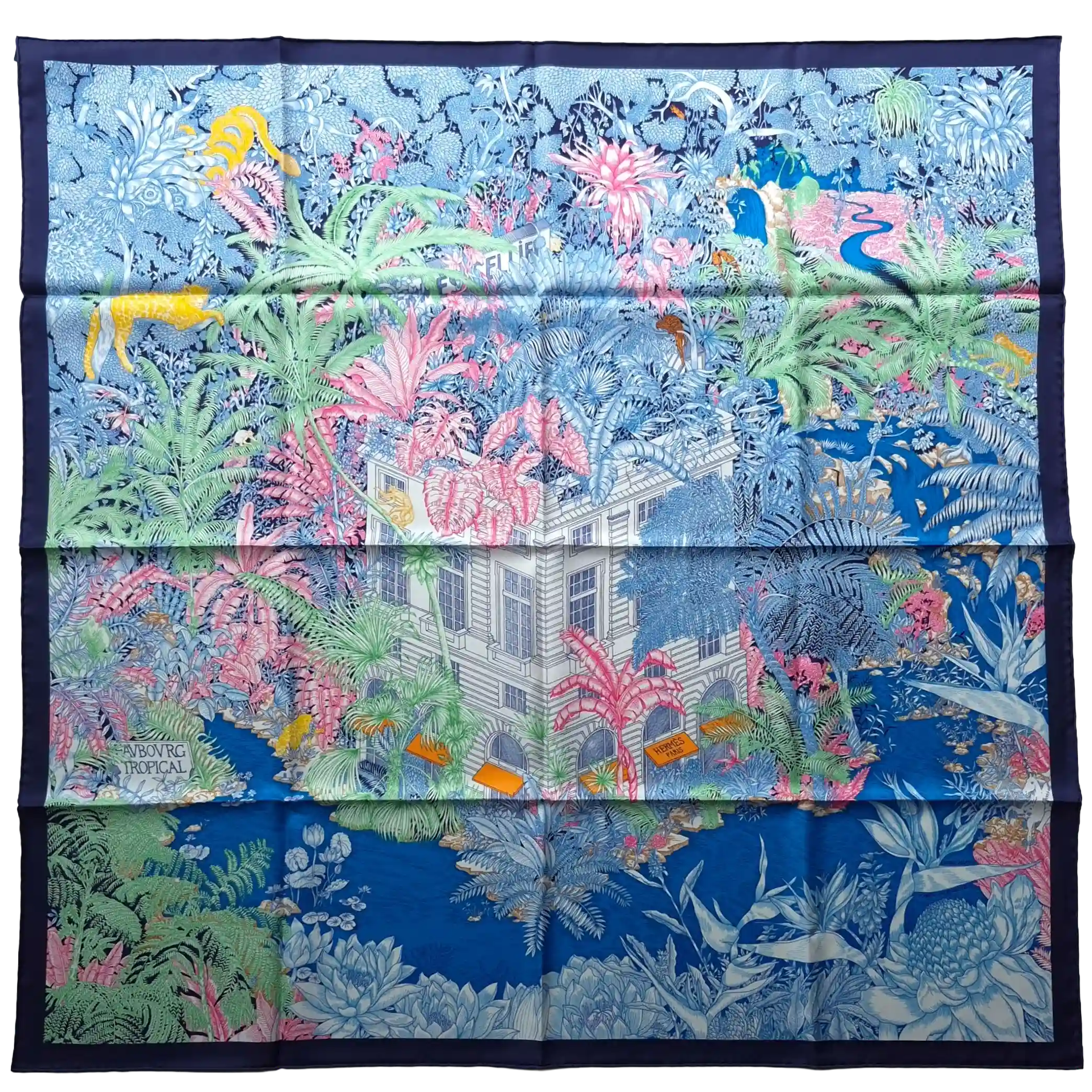 hermes faubourg tropical silk scarf blue sky pink green jungle boutique
