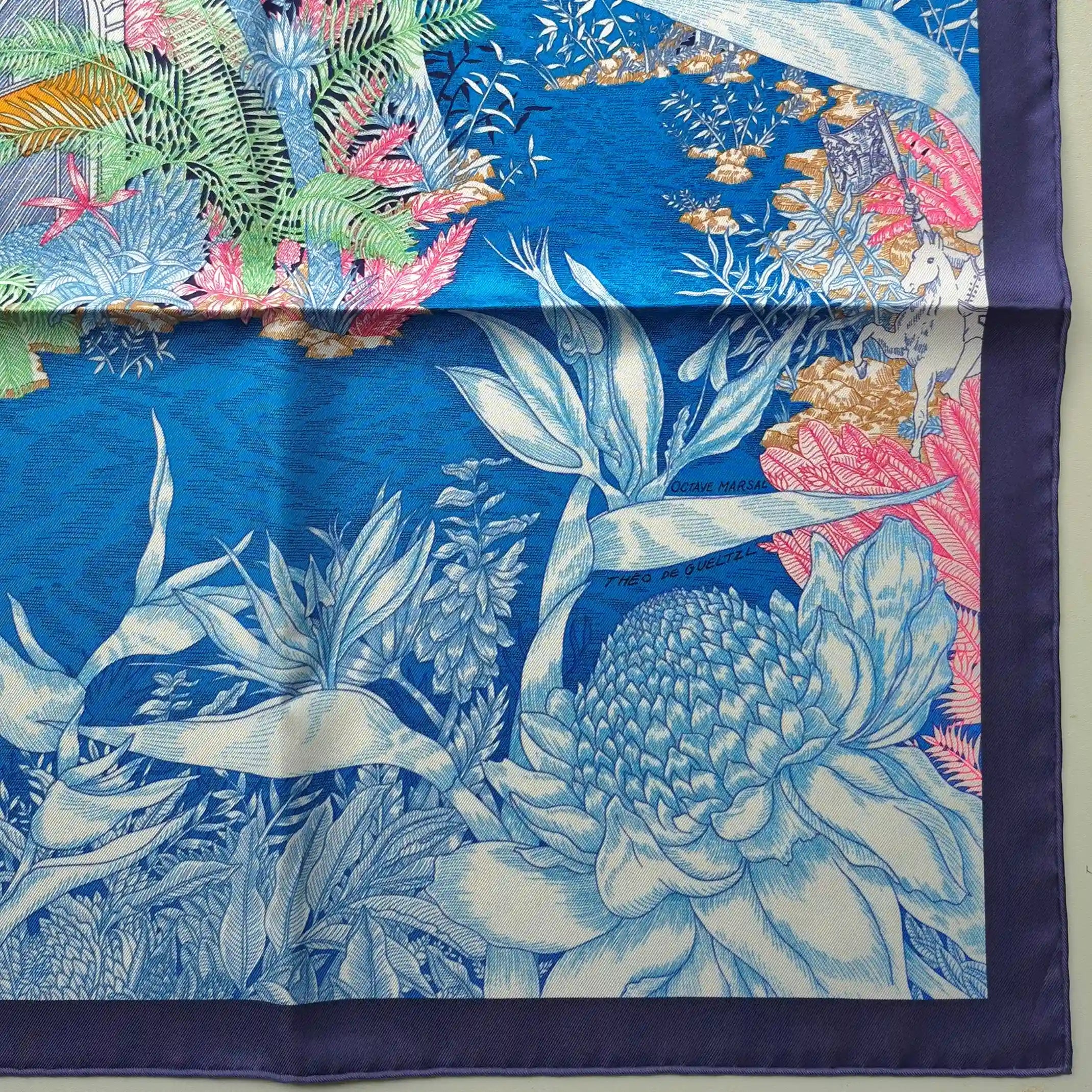 hermes faubourg tropical silk scarf blue sky pink green jungle boutique detail