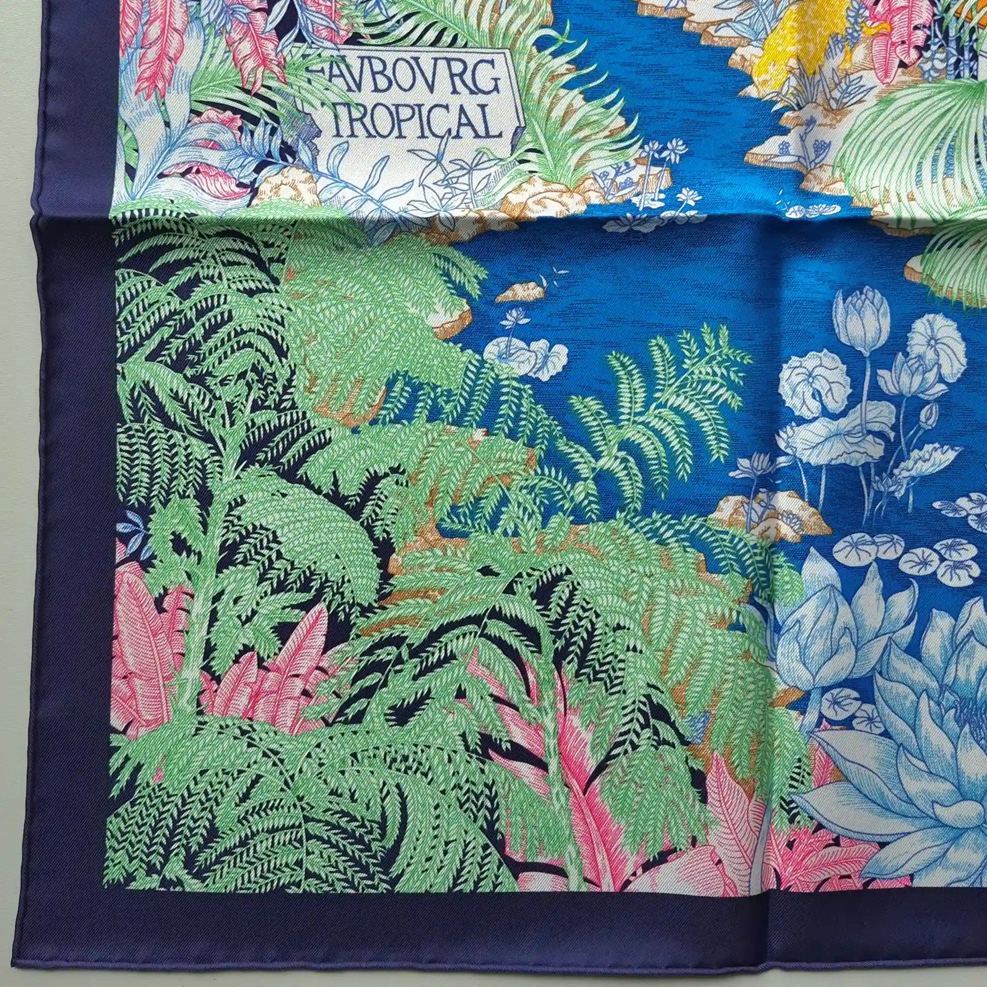 hermes faubourg tropical silk scarf blue sky pink green jungle boutique detail