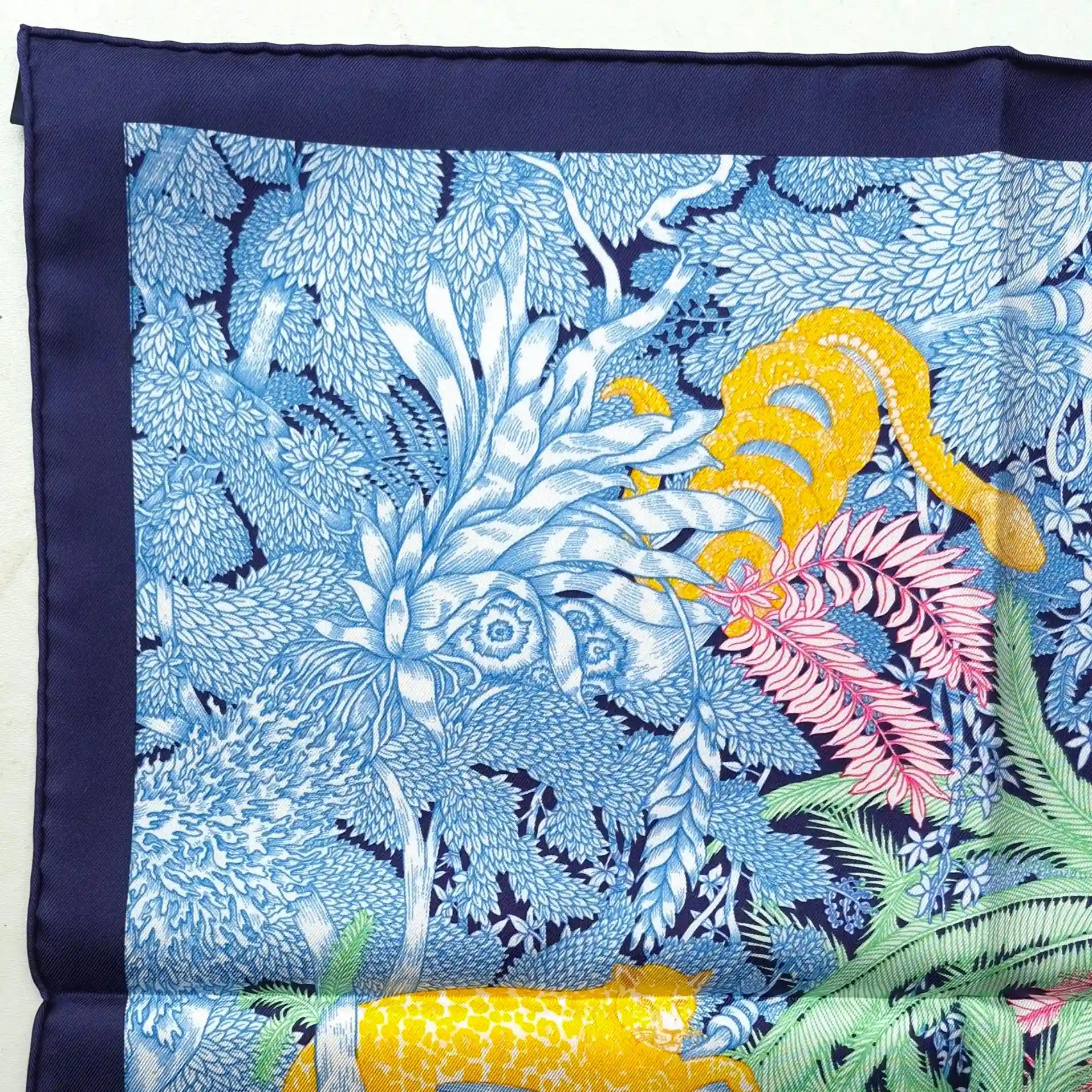 hermes faubourg tropical silk scarf blue sky pink green jungle boutique detail