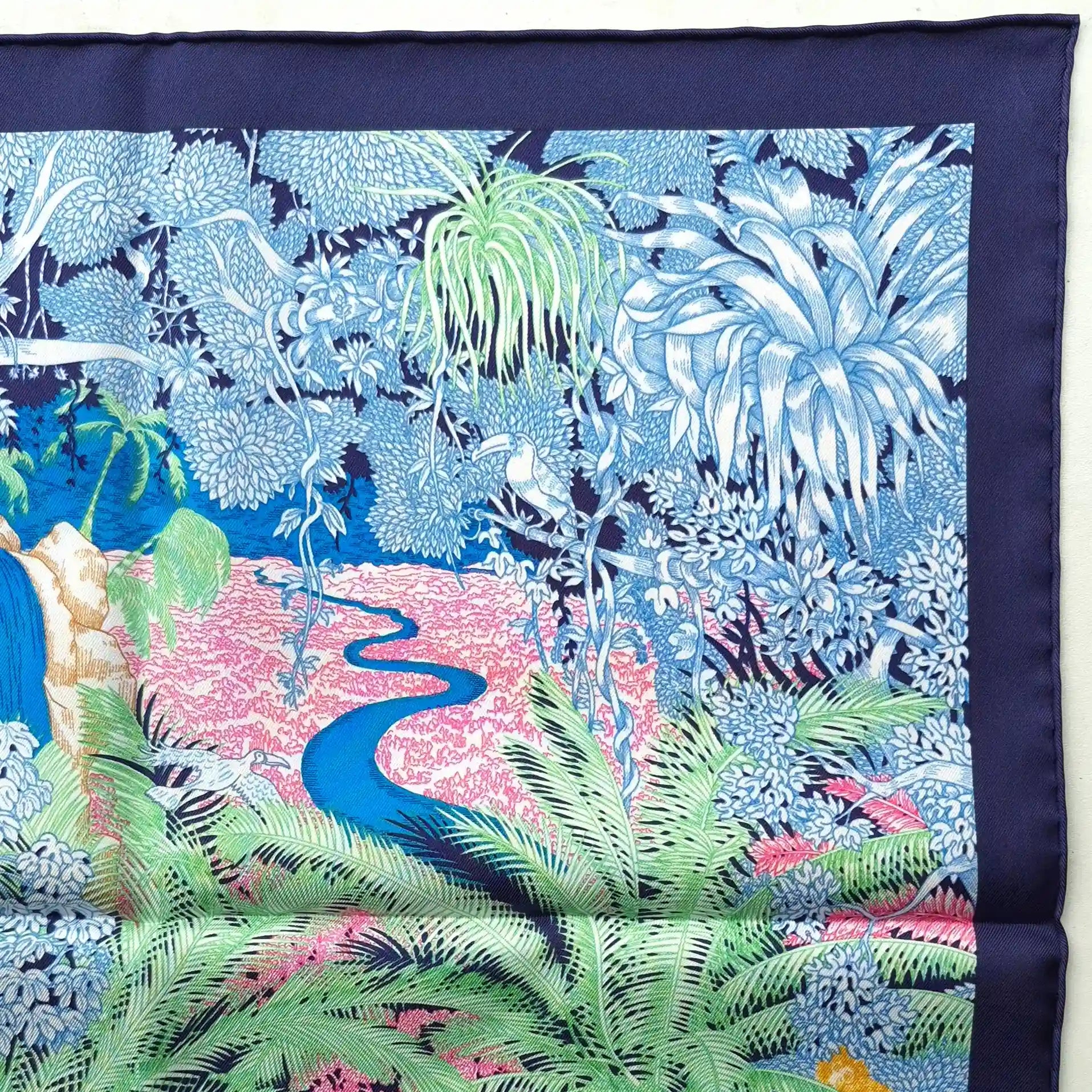 hermes faubourg tropical silk scarf blue sky pink green jungle boutique detail