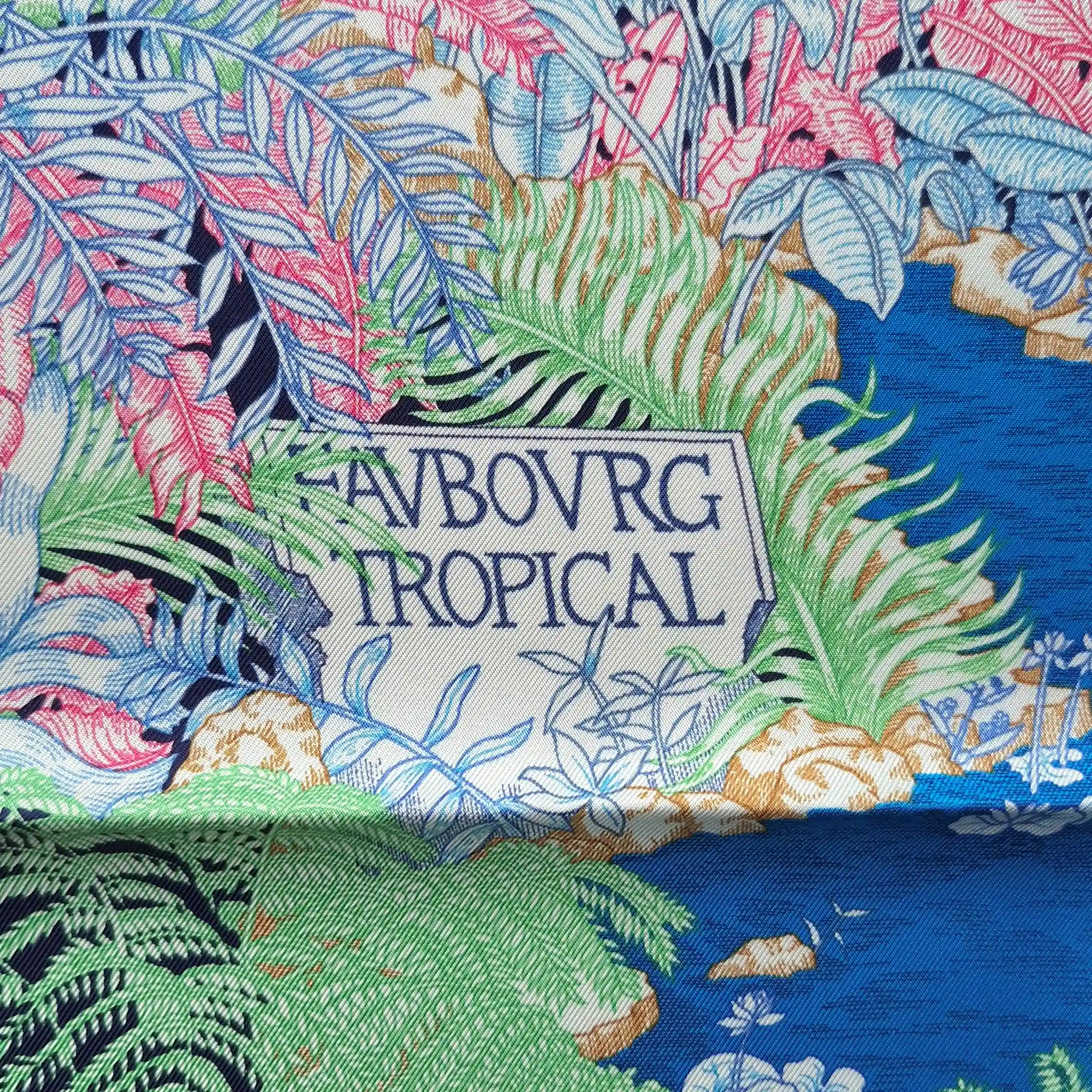 hermes faubourg tropical silk scarf blue sky pink green jungle boutique detail