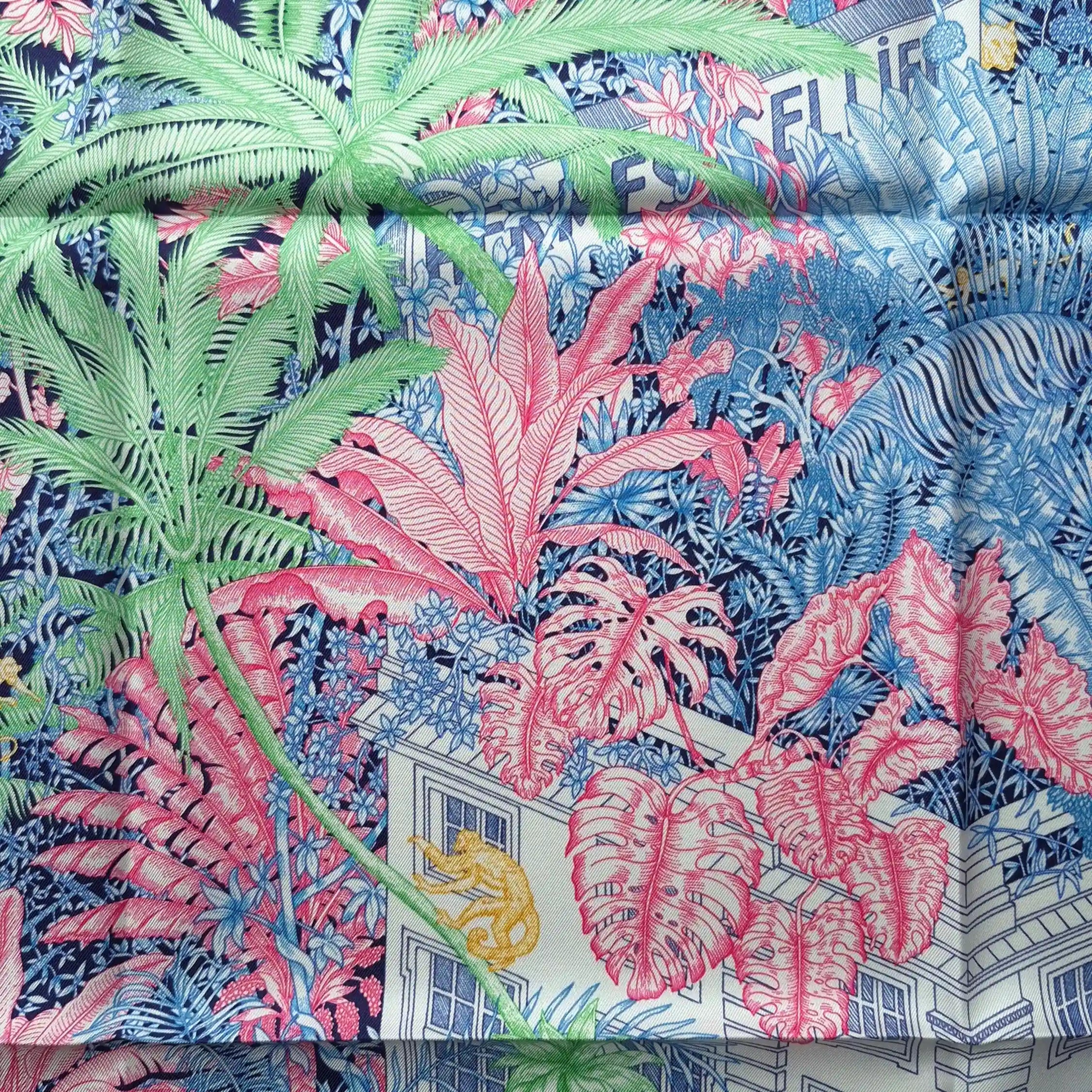 hermes faubourg tropical silk scarf blue sky pink green jungle boutique detail