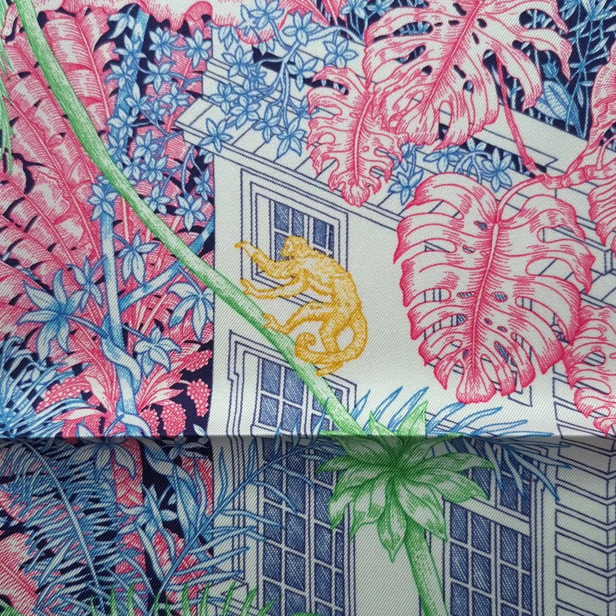 hermes faubourg tropical silk scarf blue sky pink green jungle boutique detail