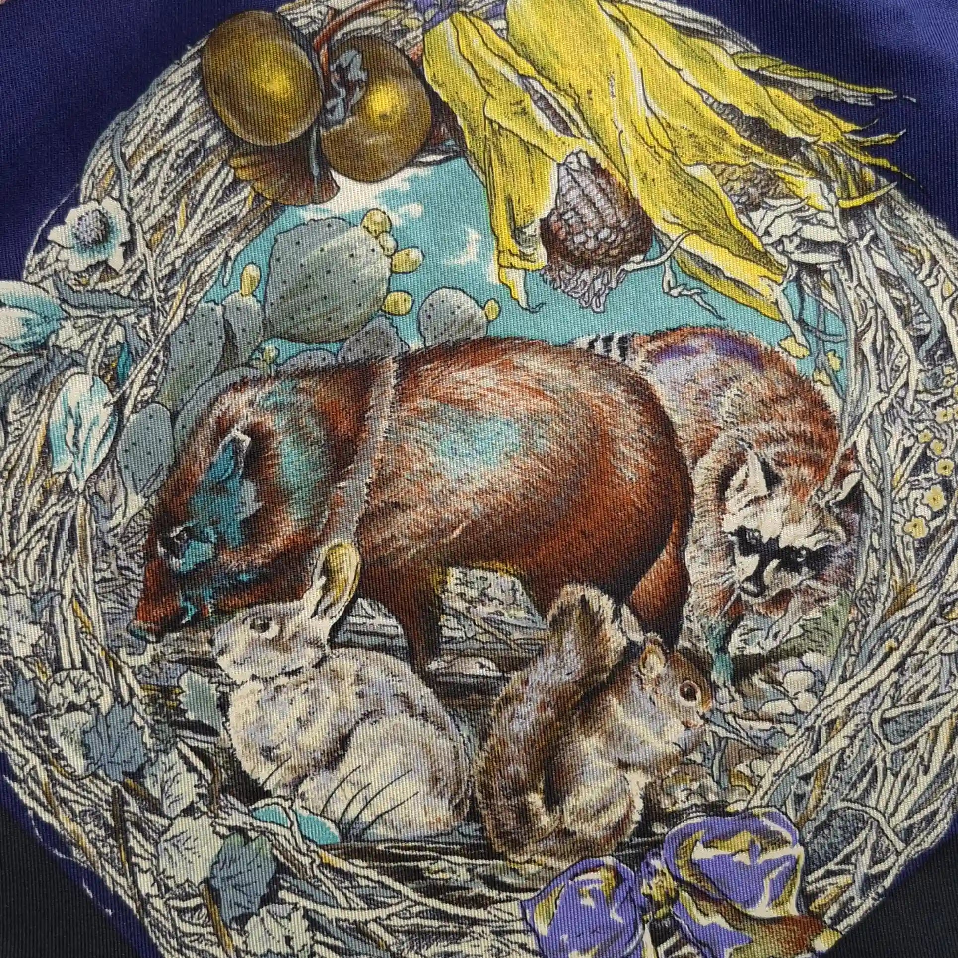 hermes faune et flore du texas kermit oliver 1987 silk scarf blue navy wildlife detail