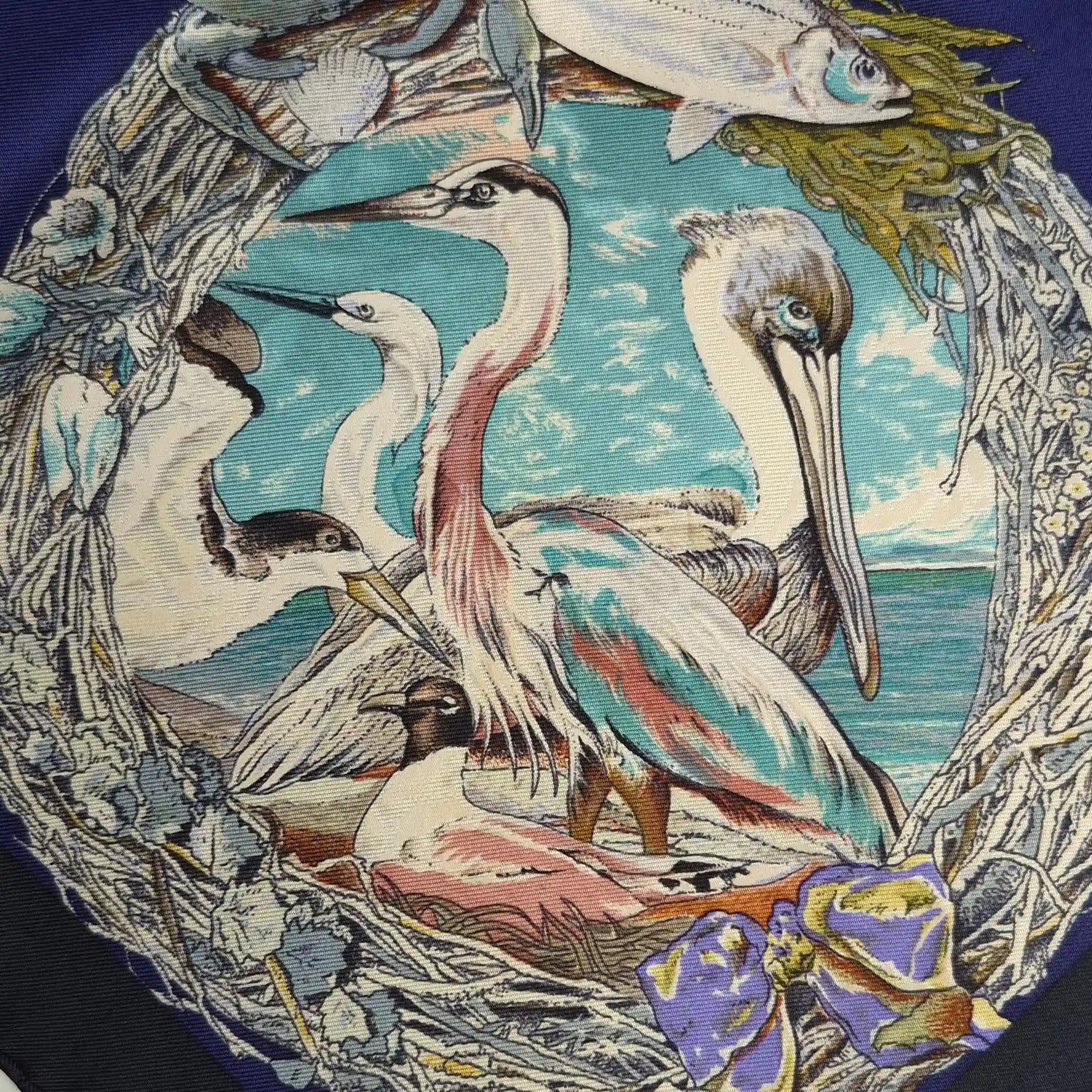 hermes faune et flore du texas kermit oliver 1987 silk scarf blue navy wildlife detail