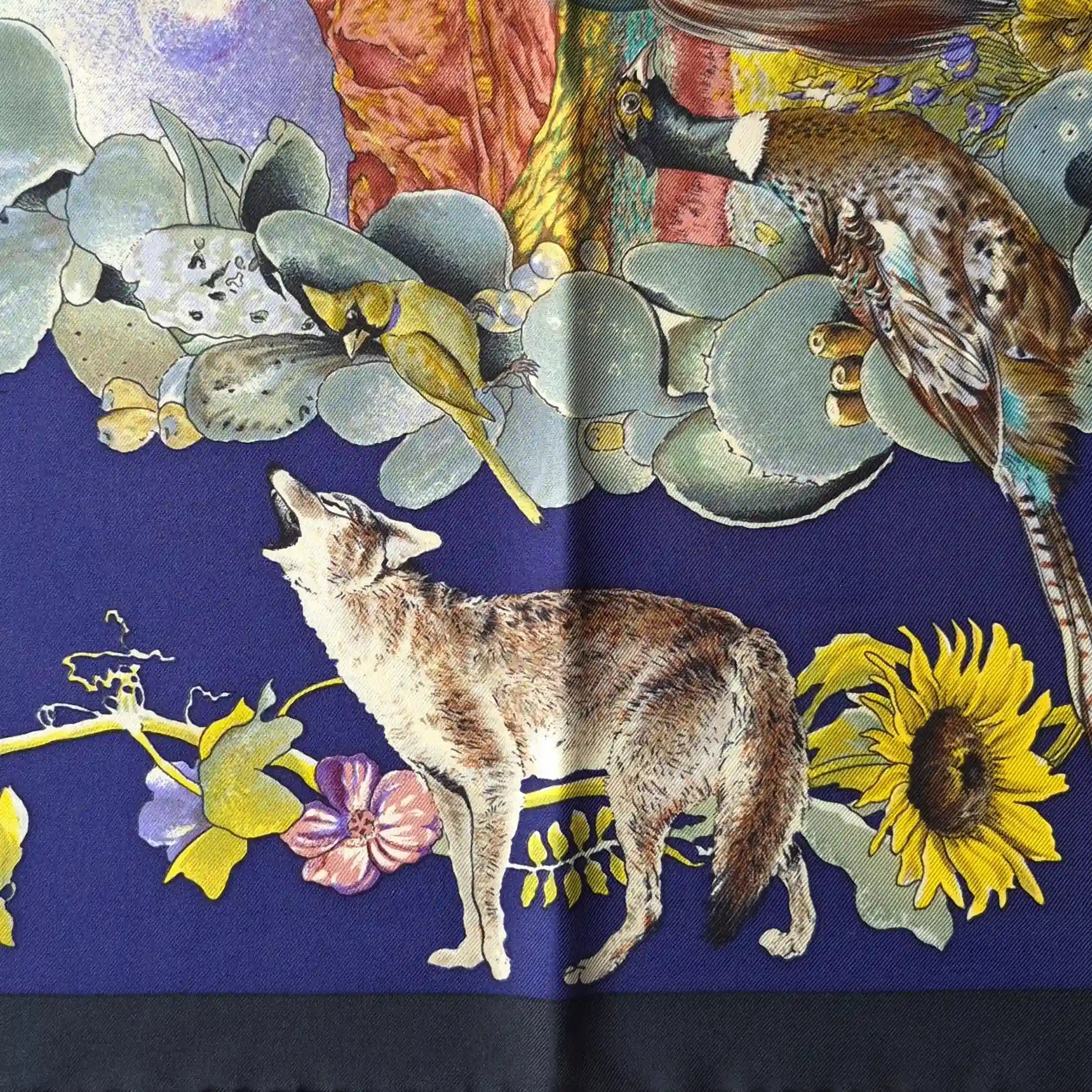 hermes faune et flore du texas kermit oliver 1987 silk scarf blue navy wildlife detail