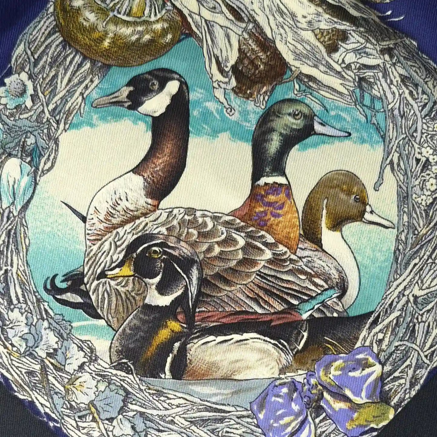 hermes faune et flore du texas kermit oliver 1987 silk scarf blue navy wildlife detail
