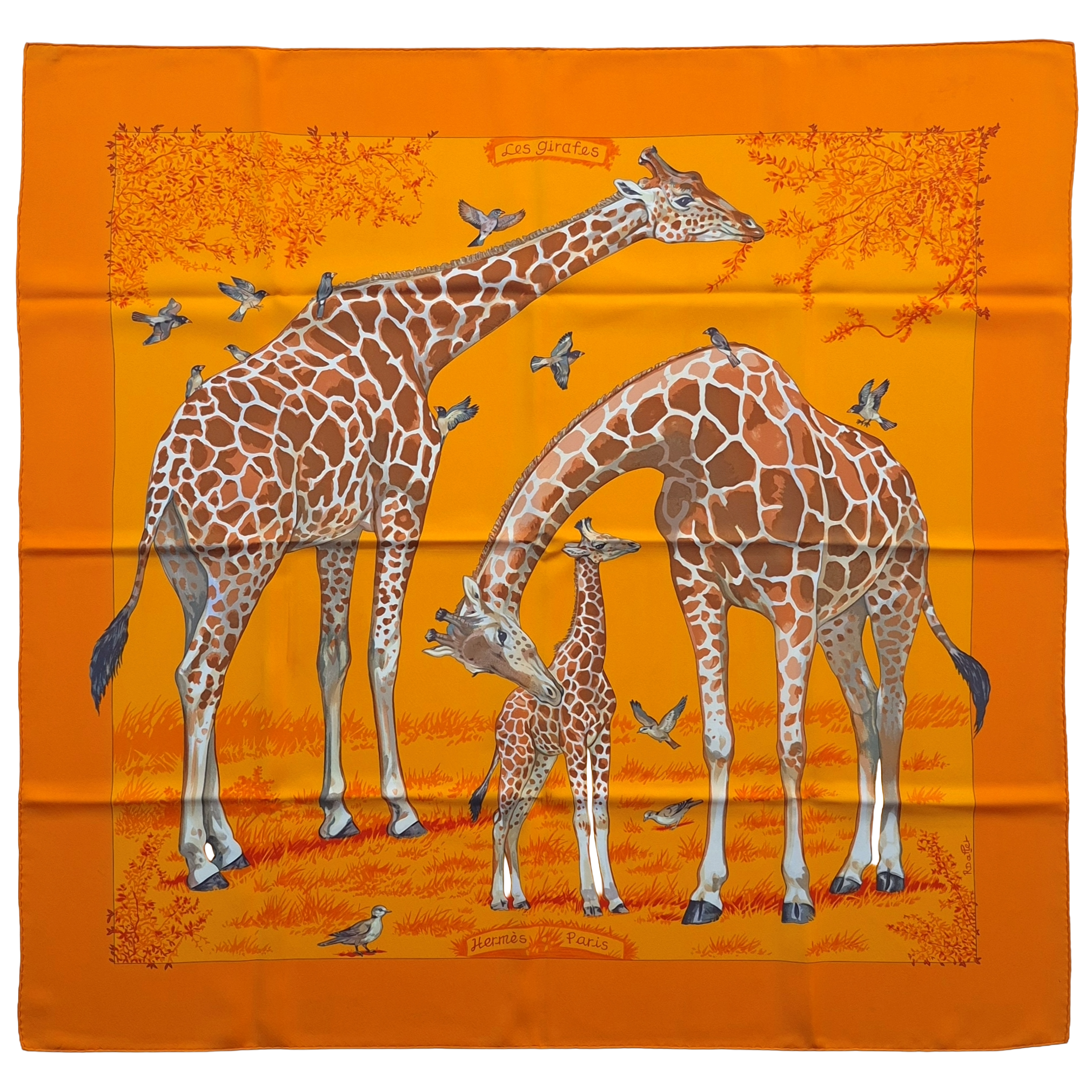 hermes les girafes robert dallet silk scarf orange giraffes savanna