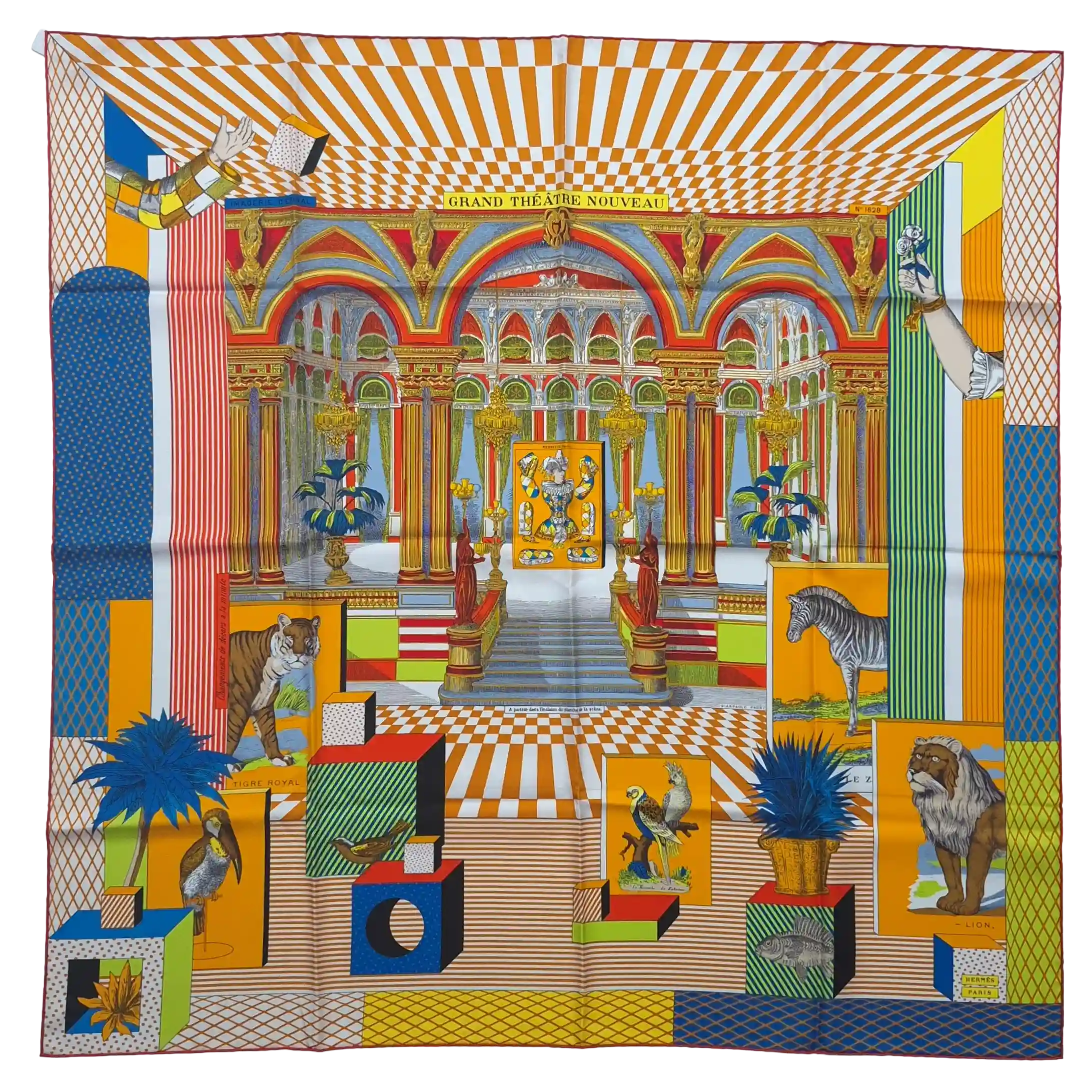 Hermès Grand Théâtre Nouveau silk scarf by Giampolo Pagni 2022 – yellow colorway – baroque scene with exotic animals, ornamental architecture and geometric shapes
