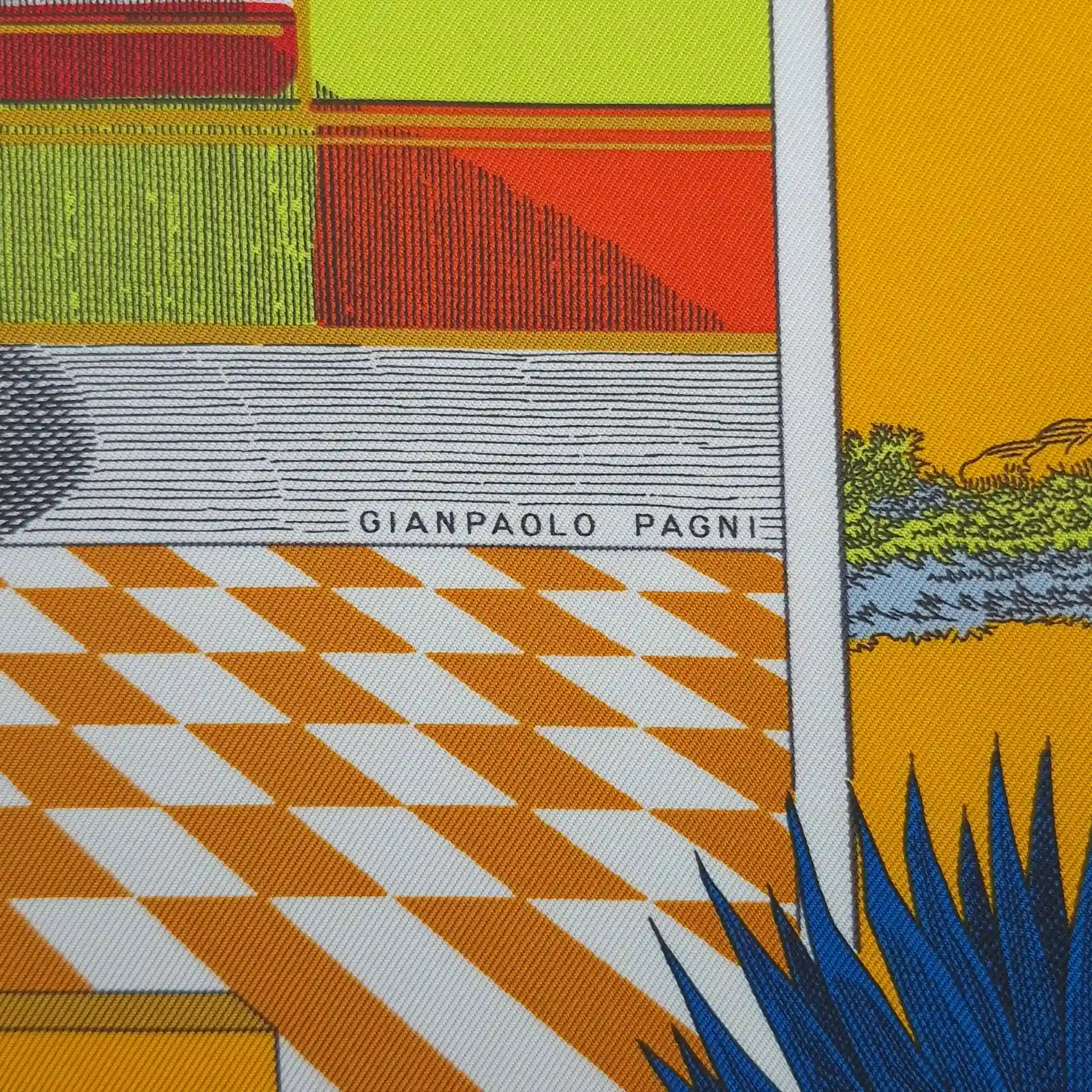 Hermès Grand Théâtre Nouveau silk scarf by Giampolo Pagni 2022 – yellow colorway – baroque scene with exotic animals, ornamental architecture and geometric shapes