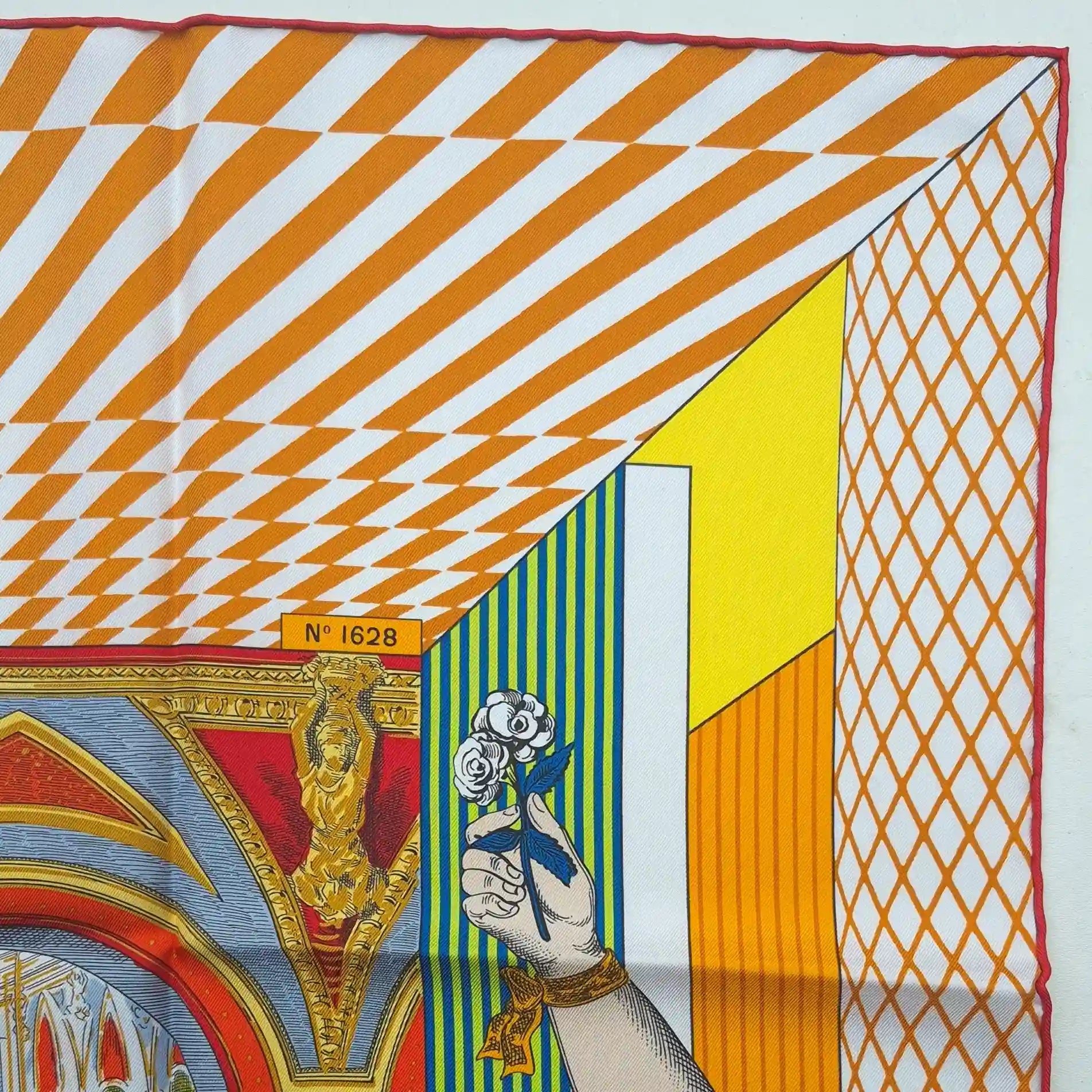 Hermès Grand Théâtre Nouveau silk scarf by Giampolo Pagni 2022 – yellow colorway – baroque scene with exotic animals, ornamental architecture and geometric shapes