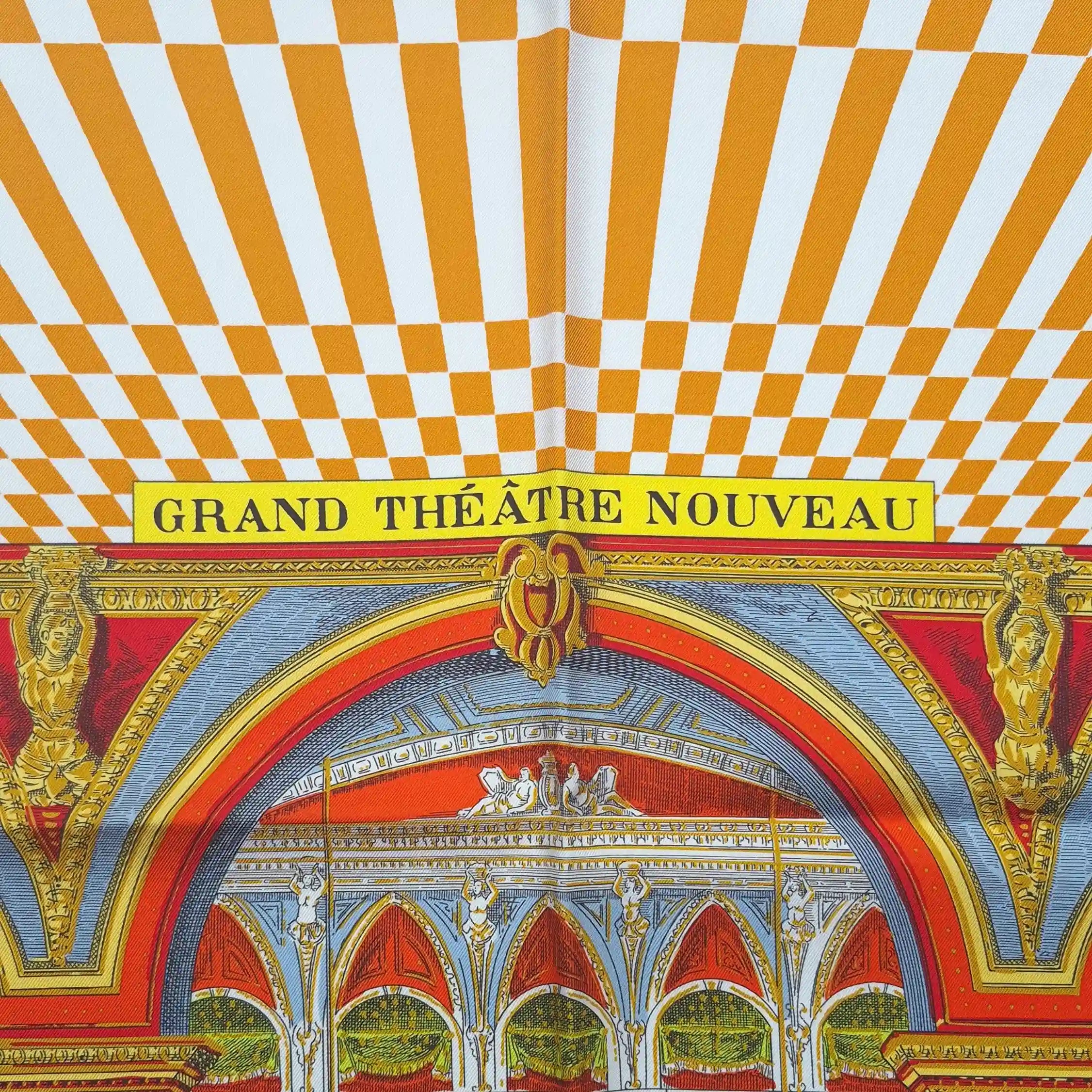 Hermès Grand Théâtre Nouveau silk scarf by Giampolo Pagni 2022 – yellow colorway – baroque scene with exotic animals, ornamental architecture and geometric shapes
