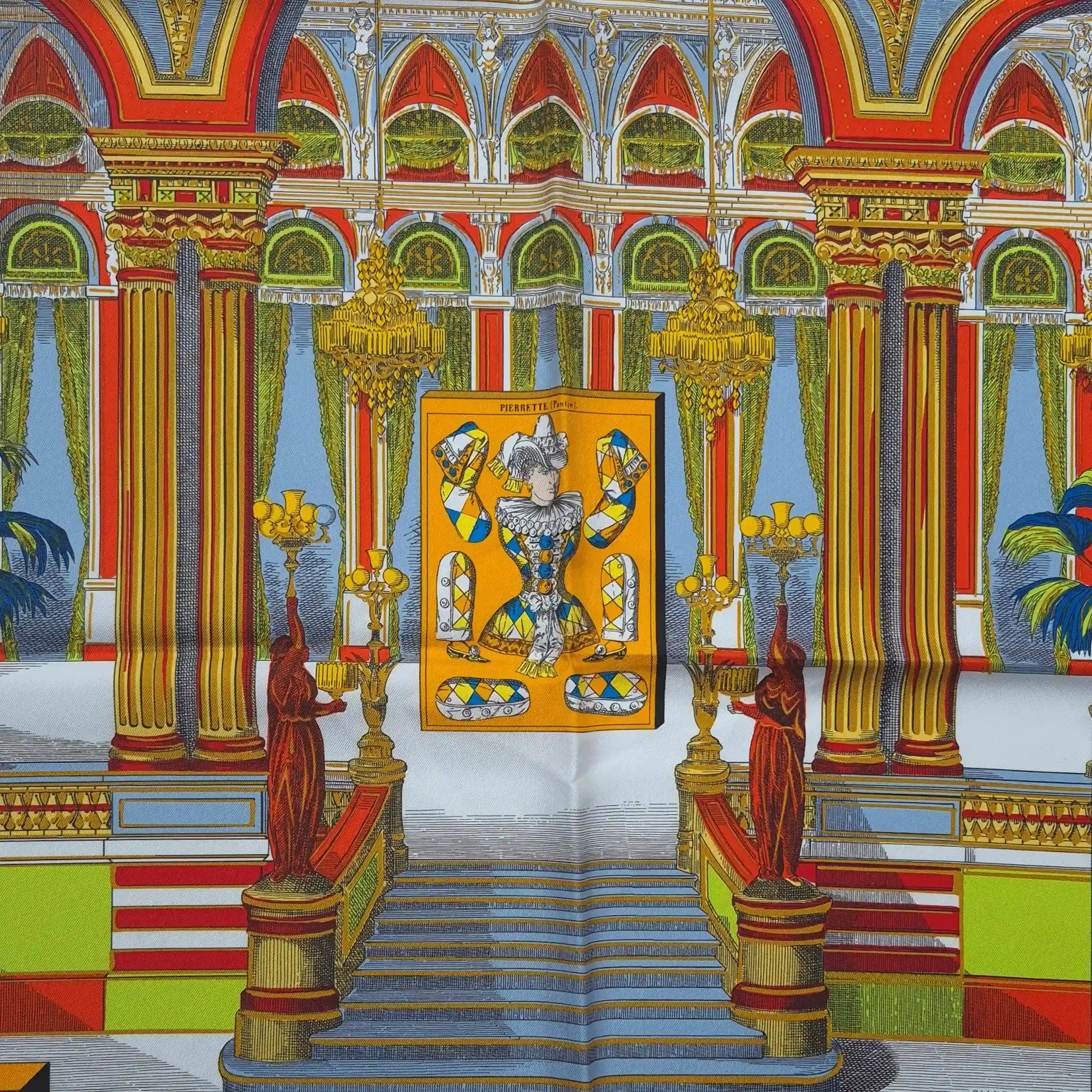 Hermès Grand Théâtre Nouveau silk scarf by Giampolo Pagni 2022 – yellow colorway – baroque scene with exotic animals, ornamental architecture and geometric shapes