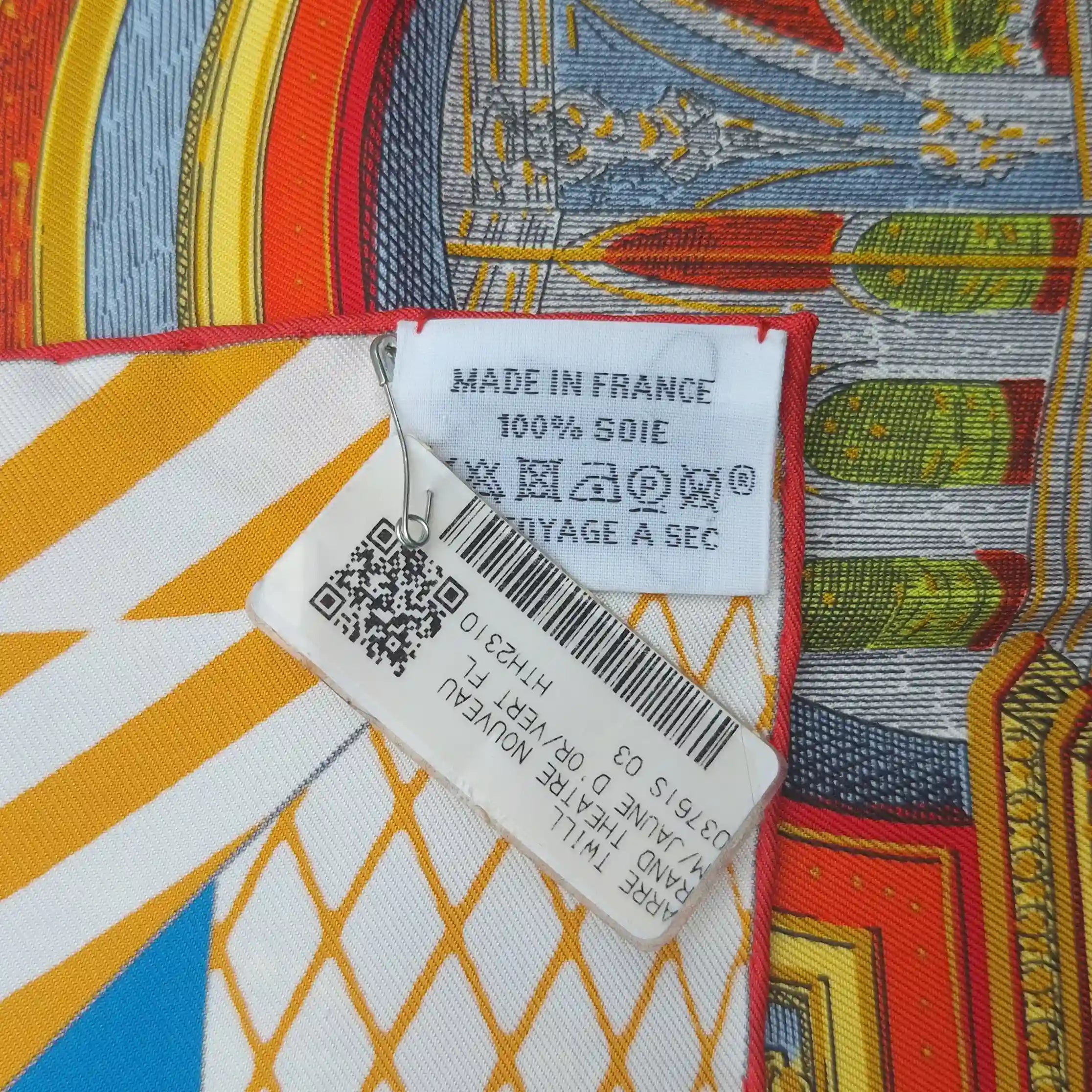 Hermès Grand Théâtre Nouveau silk scarf by Giampolo Pagni 2022 – yellow colorway – baroque scene with exotic animals, ornamental architecture and geometric shapes