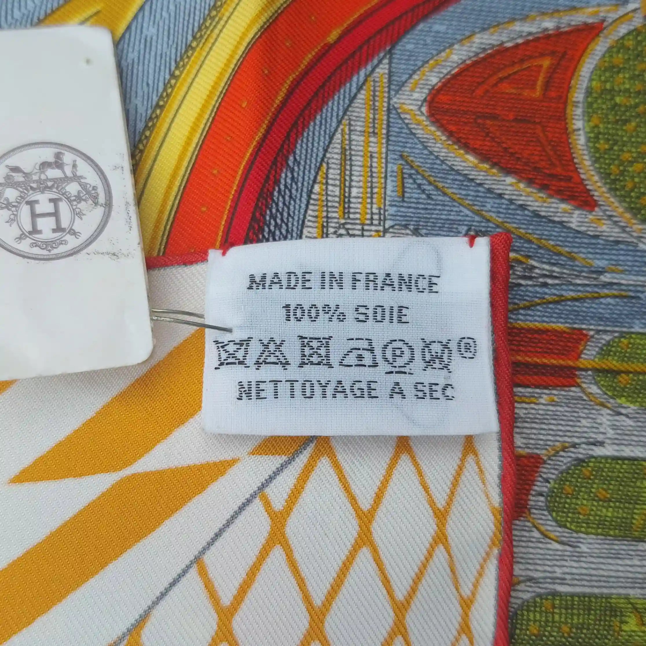 Hermès Grand Théâtre Nouveau silk scarf by Giampolo Pagni 2022 – yellow colorway – baroque scene with exotic animals, ornamental architecture and geometric shapes