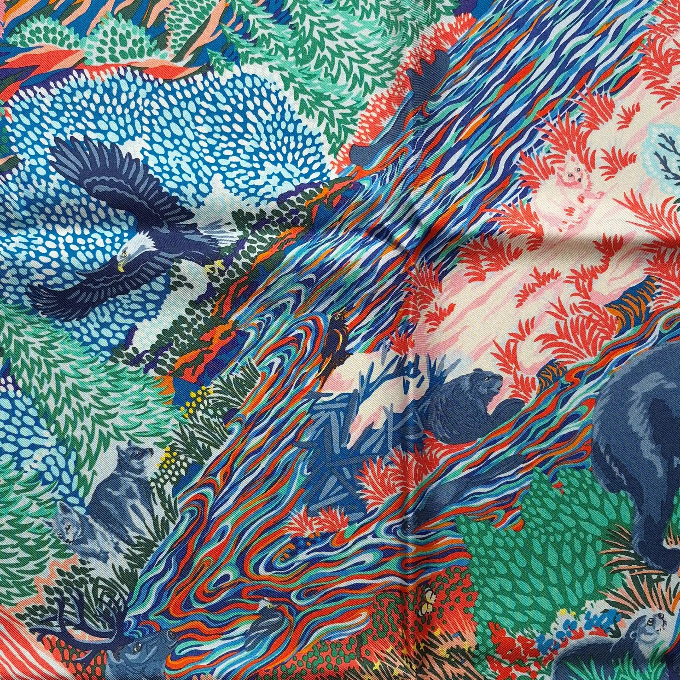 hermes into the canadian wild alice shirley silk scarf red blue canadian wilderness detail