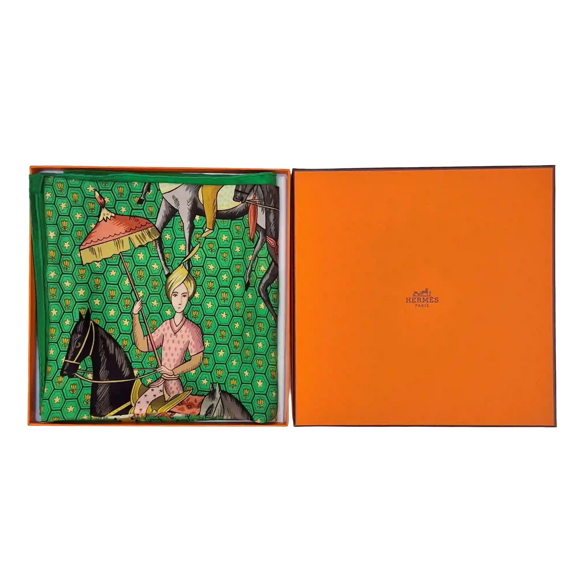 hermes ispahan maurice tranchant silk scarf green multicolor persian cavaliers 1966