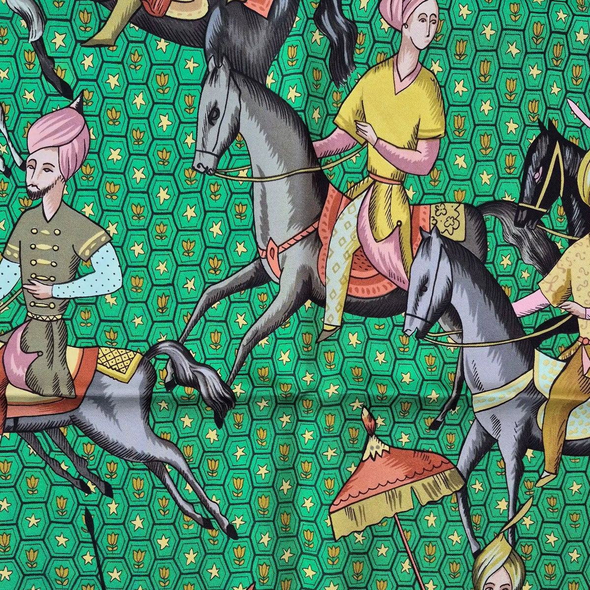 hermes ispahan maurice tranchant silk scarf green multicolor persian cavaliers 1966