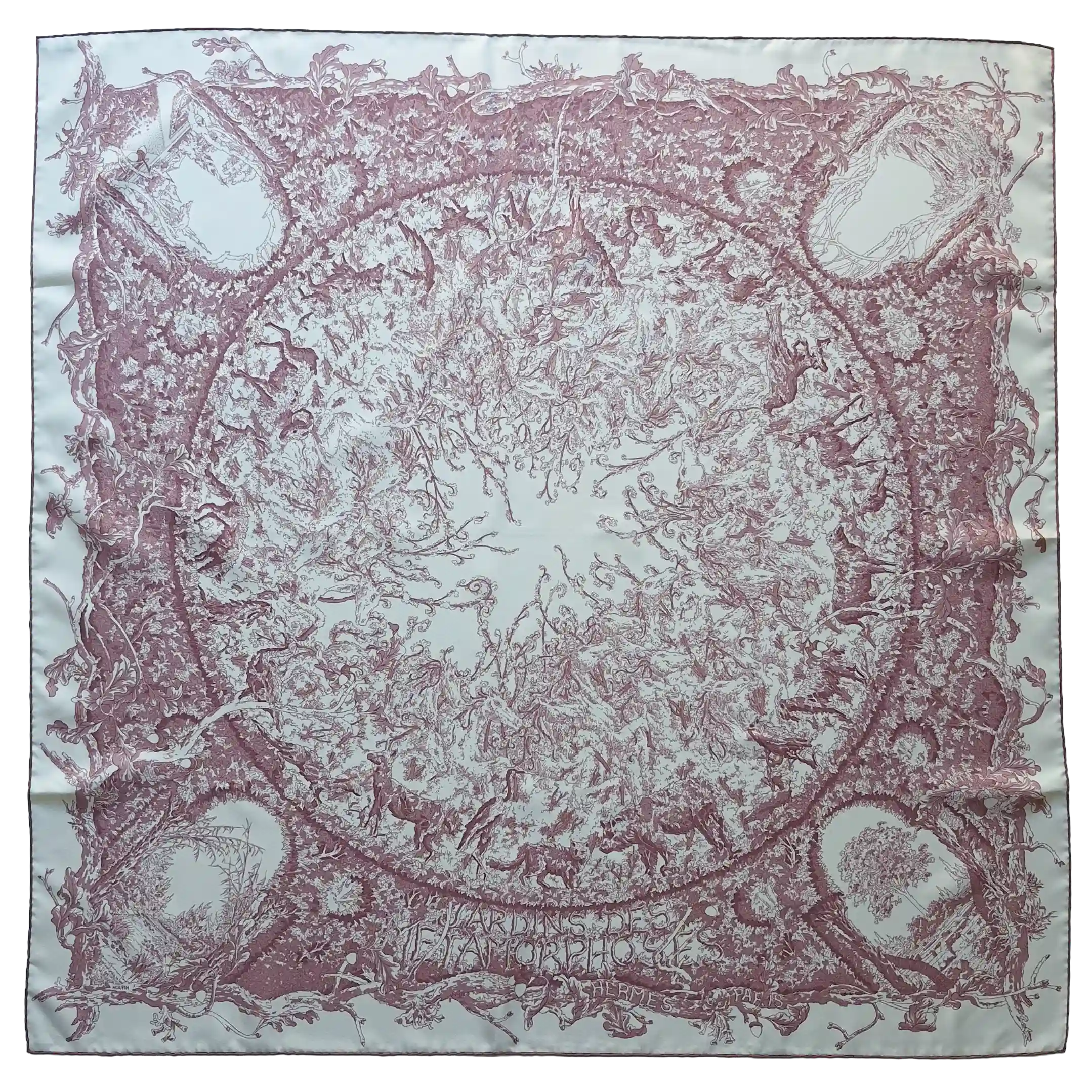 hermes jardin metamorphoses francois houtin white pink silk scarf 90cm 2010