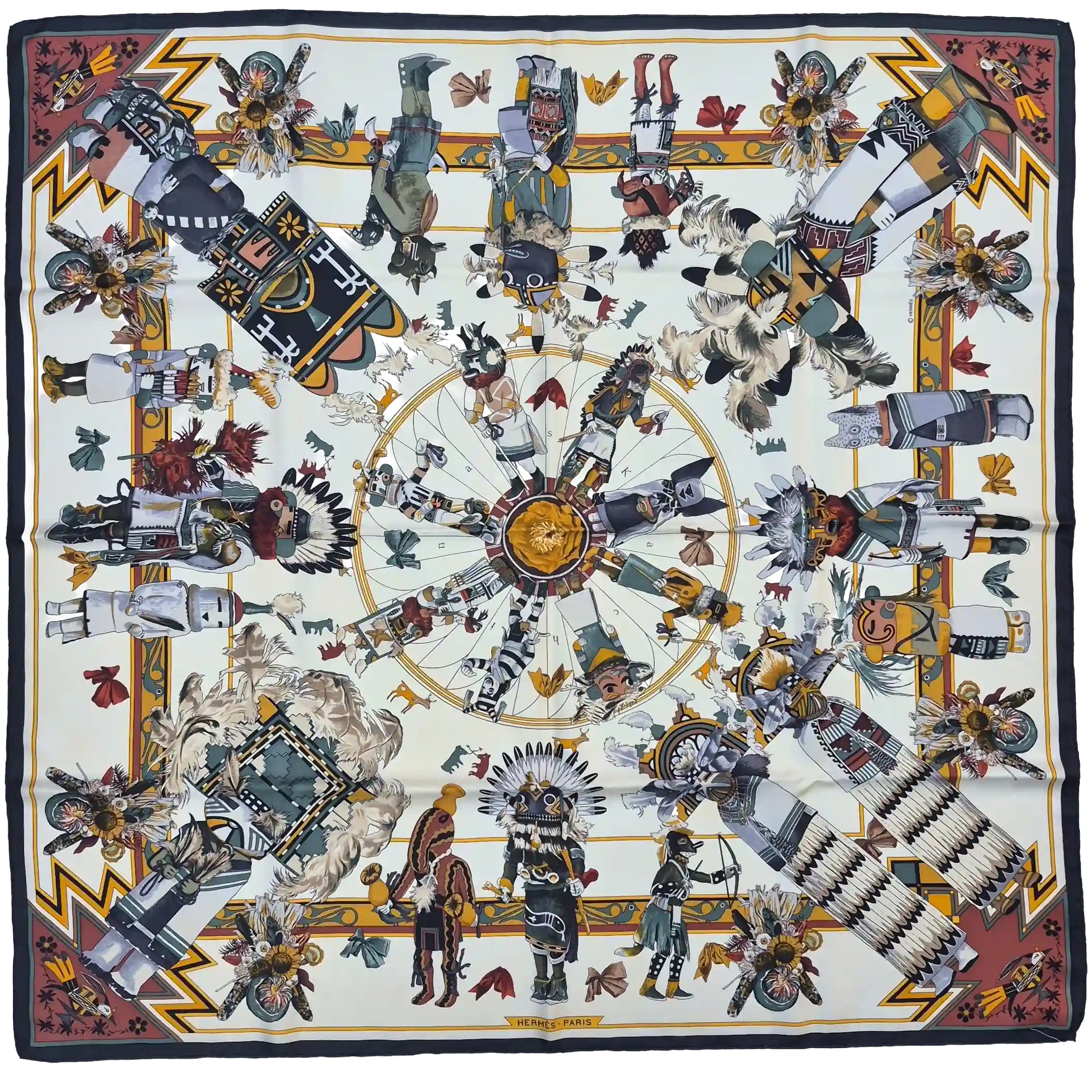 hermes kachina kermit oliver silk scarf ivory multicolor native american hopi zuni