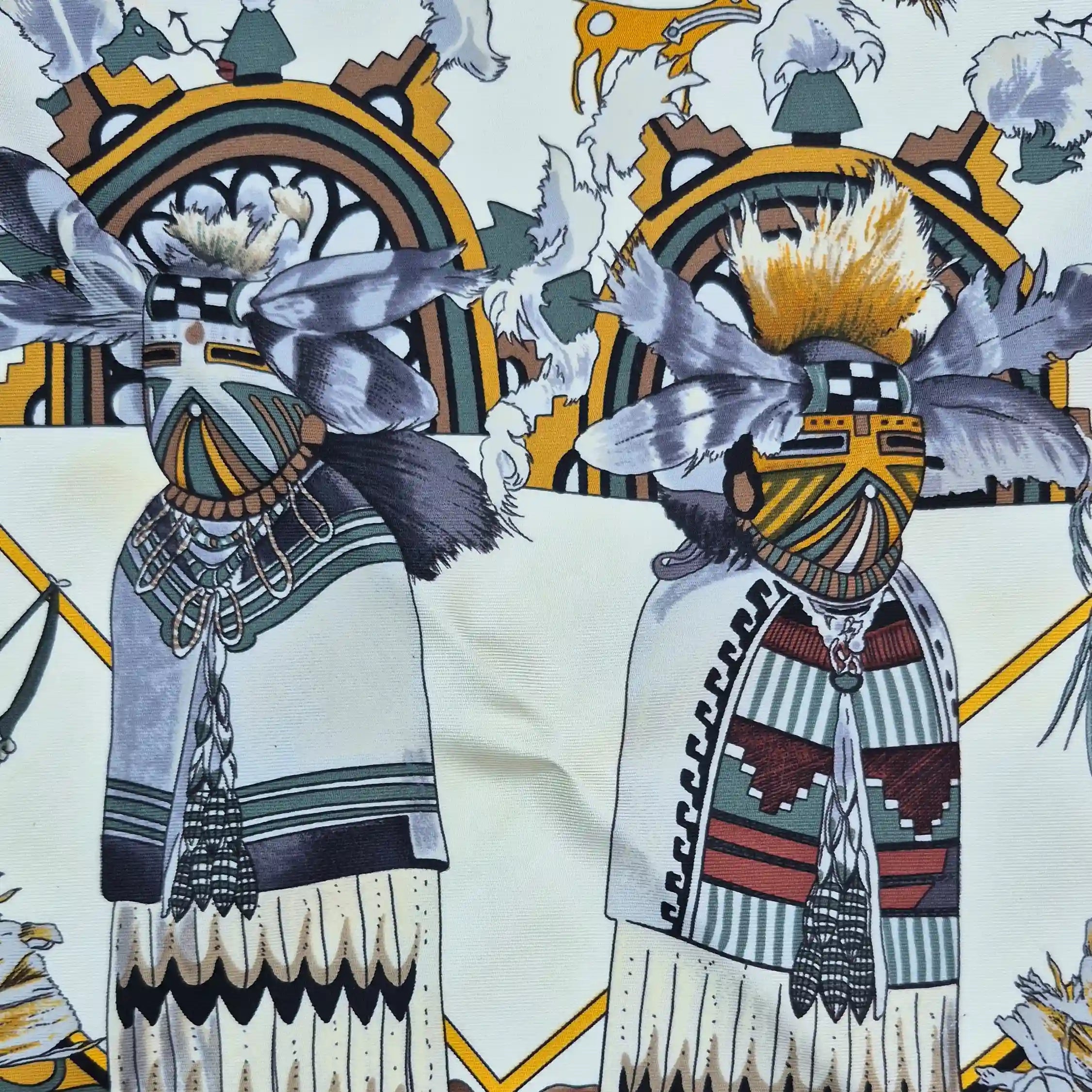 hermes kachina kermit oliver silk scarf ivory multicolor native american hopi zuni