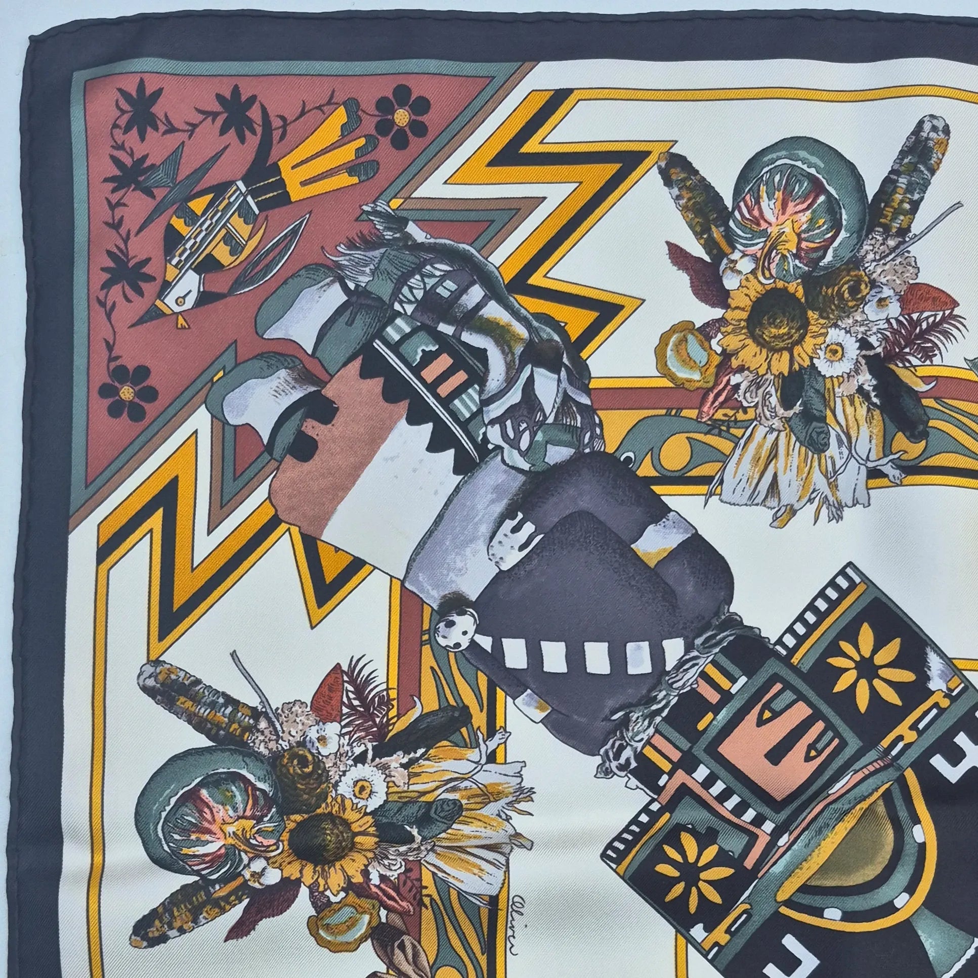 hermes kachina kermit oliver silk scarf ivory multicolor native american hopi zuni