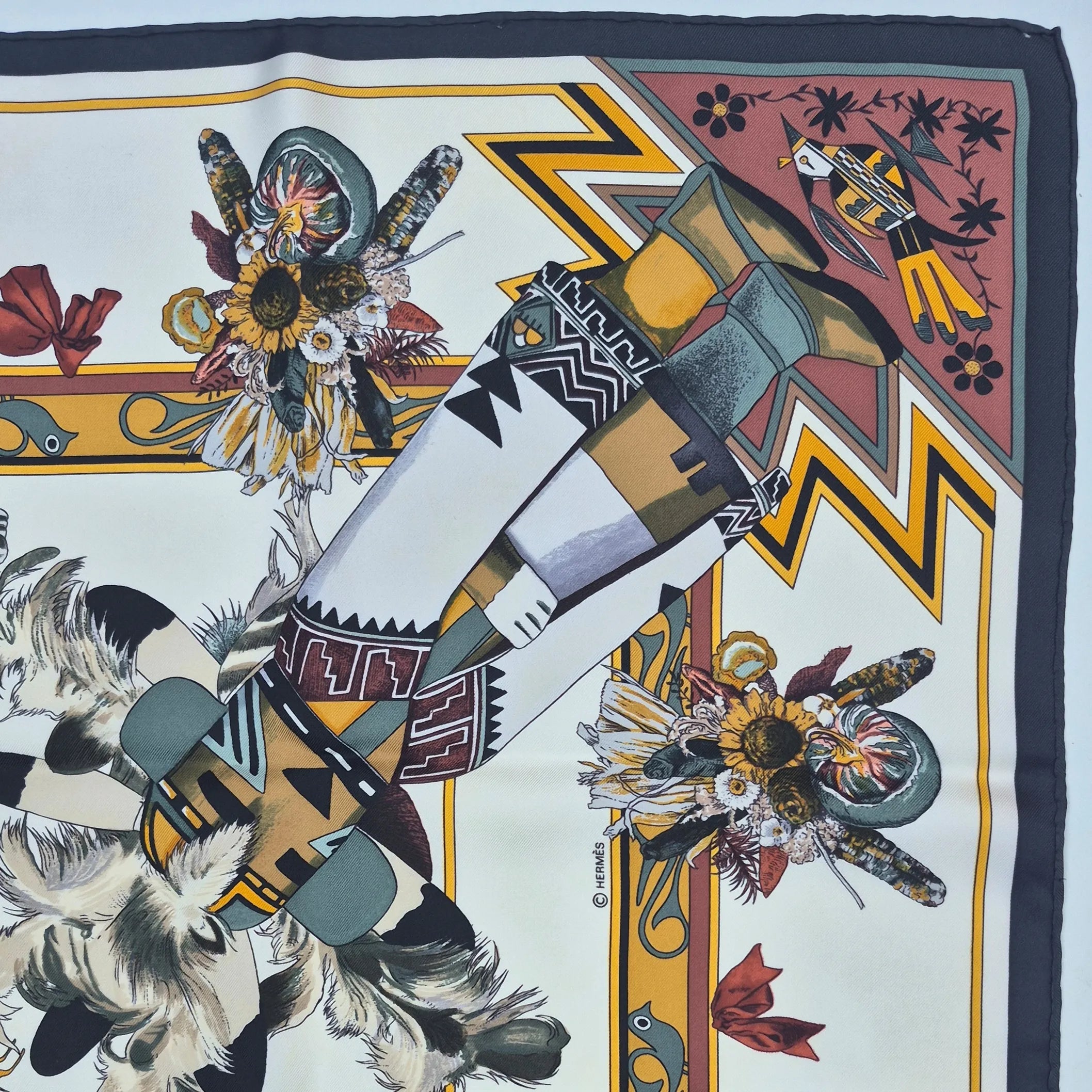 hermes kachina kermit oliver silk scarf ivory multicolor native american hopi zuni