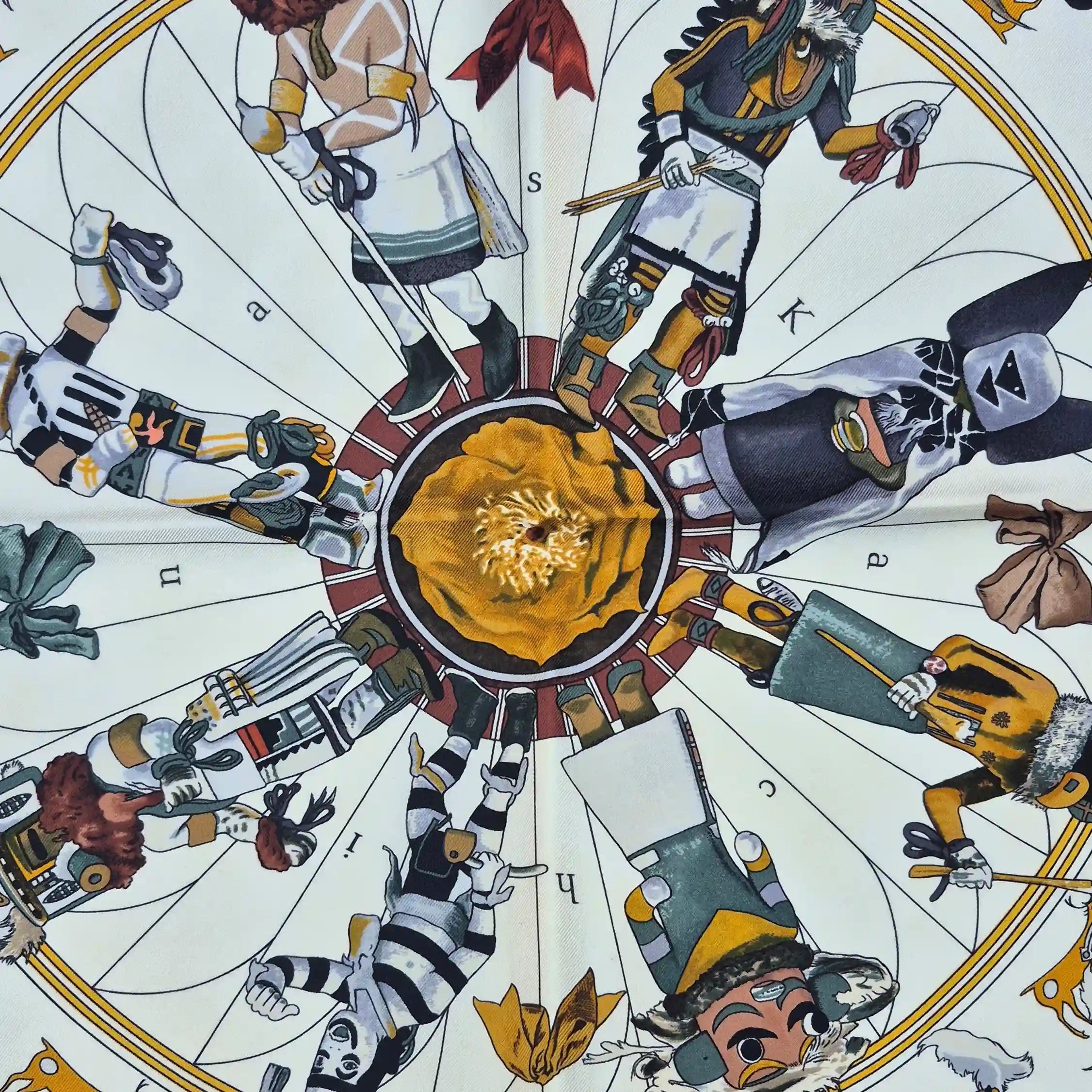 hermes kachina kermit oliver silk scarf ivory multicolor native american hopi zuni