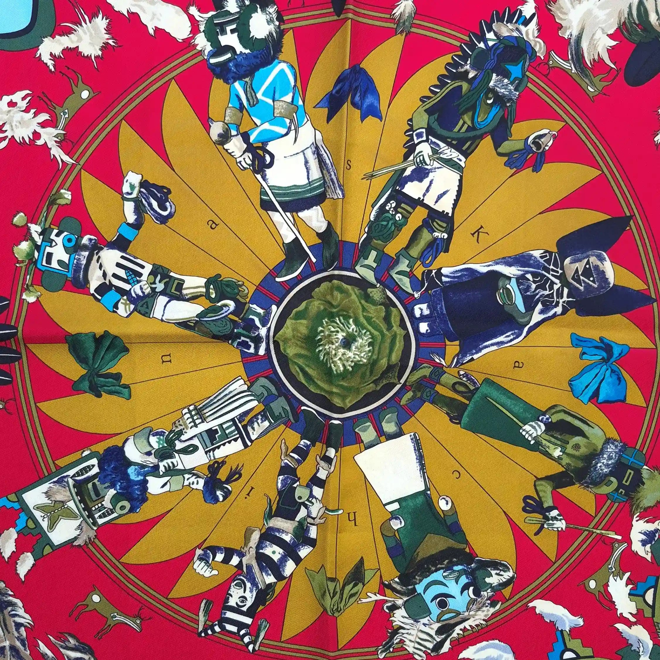 hermes kachina kermit oliver silk scarf red gold hopi zuni native american